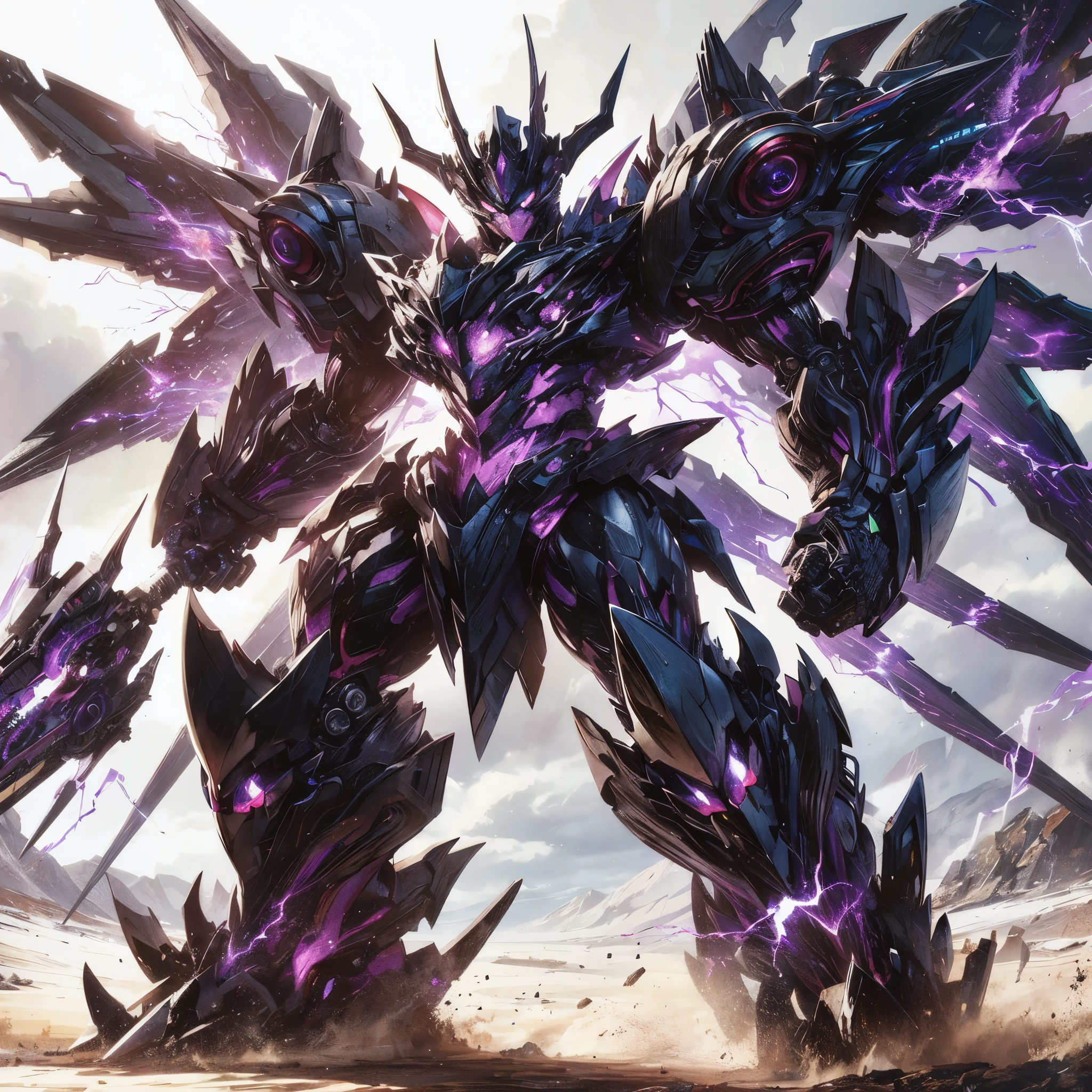 (masterpiece, best quality), ultra detailed, anime style, full body, solo, Giant humanoid robot, Super Robot Wars, Banprest original robot, Black and purple organic armor, black hole on its back, clawed and tailed, Supernatural lightning, black and purple flames, swordsman SAMURAI-like, standing in wasteland, digital painting, 8K high resolution, art station trend, white background, whole body, ((ZWEIZERGAIN)), ((VAISAGA)), fighting pose