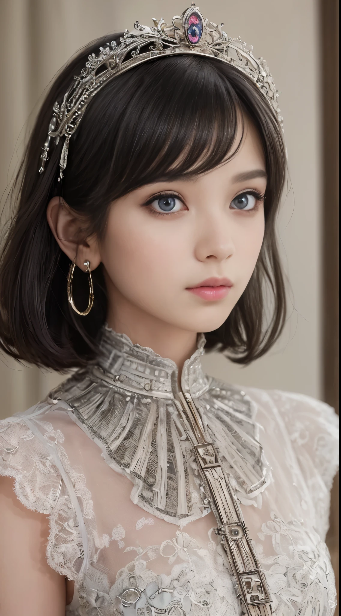 (((Masterpiece, top quality, ultra-detailed: 1.5)), 1 Infinity Mage Girl, 14 years old,

((Very detailed face: 1.4)), small thin nose, small thin-lipped mouth,
((Very sharp focused eyes: 1.3)), very large slit precision pale grey eyes,
sparkling like jewels. Long and expressive eyelashes, very very short bob cut black hair,
curled with intricate ringlets, ((thick bangs: 1.1)), perfectly framing her lovely face,
((Princess cut: 0.9)), ((Steampunk fashion: 0.8)), (((
