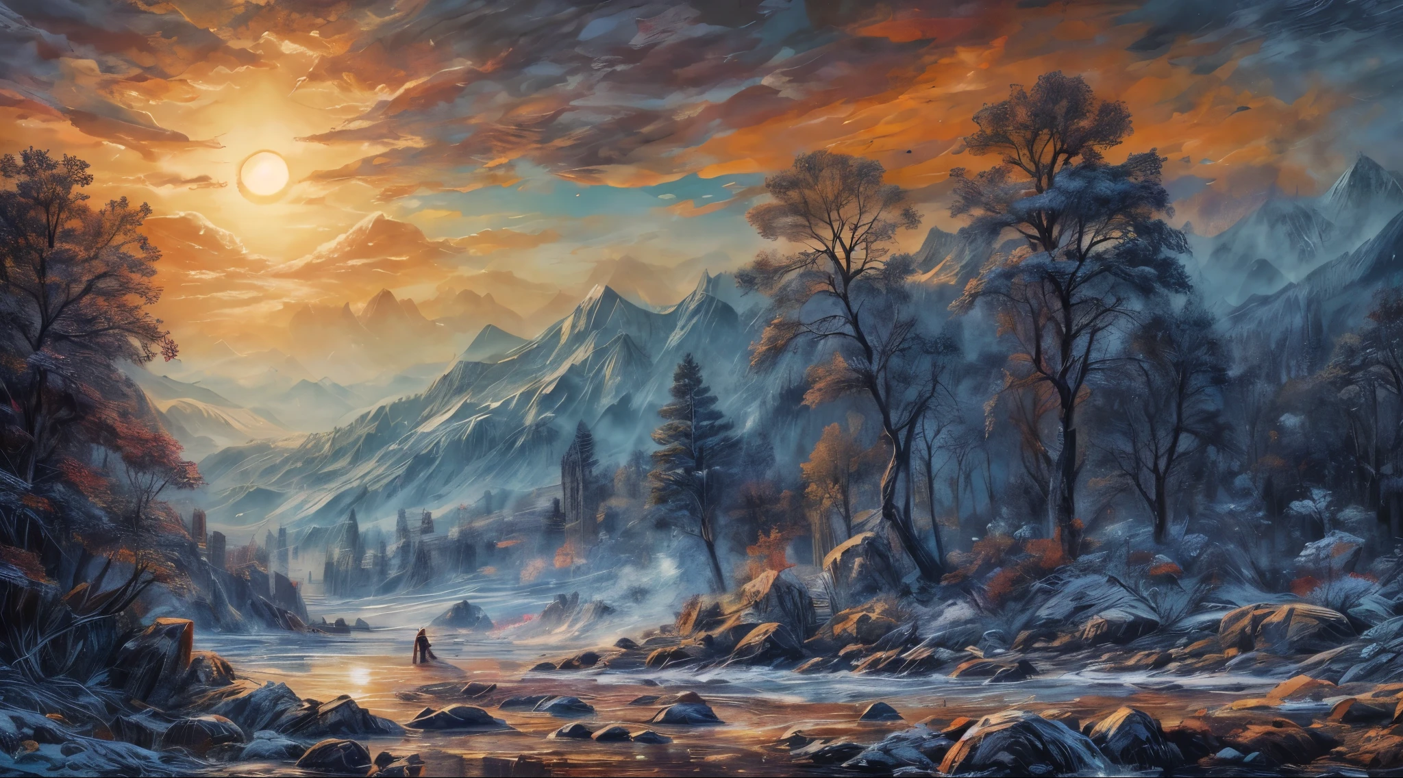 (masterpiece), (best quality), (ultra-detailed),intricate details, {{8k_wallpaper}}, (((Eye in the sky))), masterpiece painting, Sun in Splendour, cold winter, sun in rags, colorful sky, cold colours, ((((silent lifeless cold nightmare)))), (colorful horror), ((lifeless cold sun))