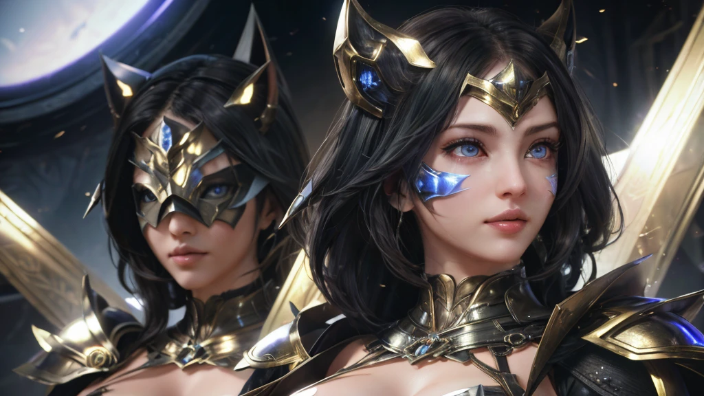 1girl, black hair, blue eyes, wearing full body armored suit, particles in background, absurdres, high res, ultrasharp, 8K, masterpiece, looking at viewer, cat girl ears same color as hair, mask, hands armored gloves, long cape, tmasterpiece, ultra fine photos, best qualtiy, realisticlying, rays of sunshine, full-body portraits, cleavage breasts, delicated face,Vibrant eyes,very highly detailed background, detailed background, opulent, high detail skin, Realistic details of skin,Visible pores,Clear focus,volume fog,8K UHD,digital SLR camera,high high quality,filmgrain,White skin of the,photorealistic