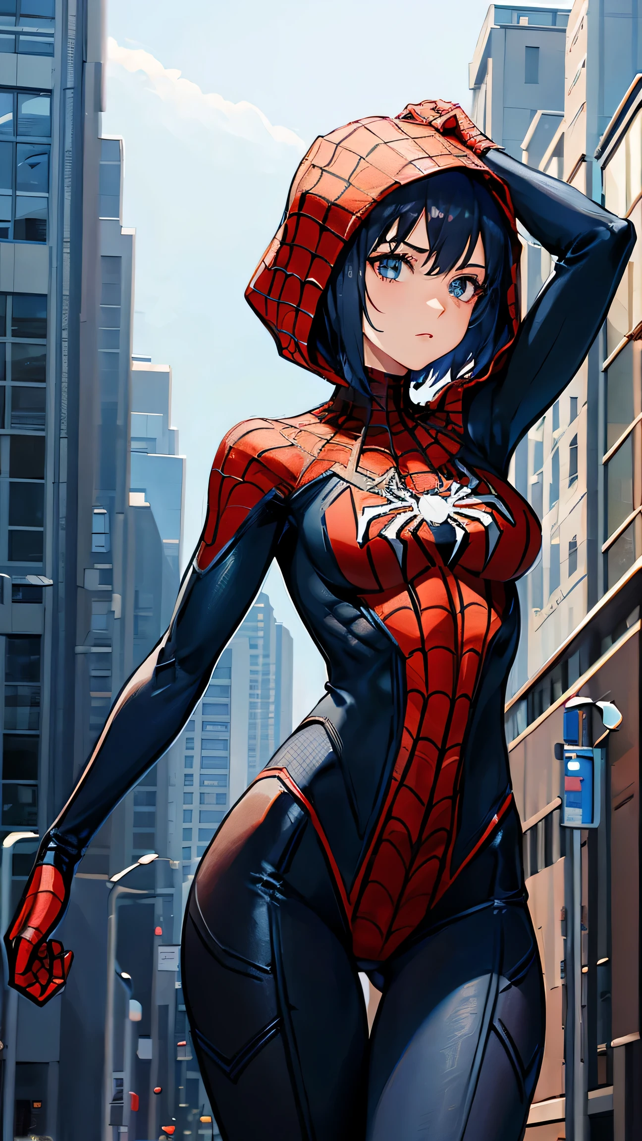 Female version of Spider-Man,sexy tights,head is completely enclosed,without showing your face,Fold your hands at the waist,spread your legs