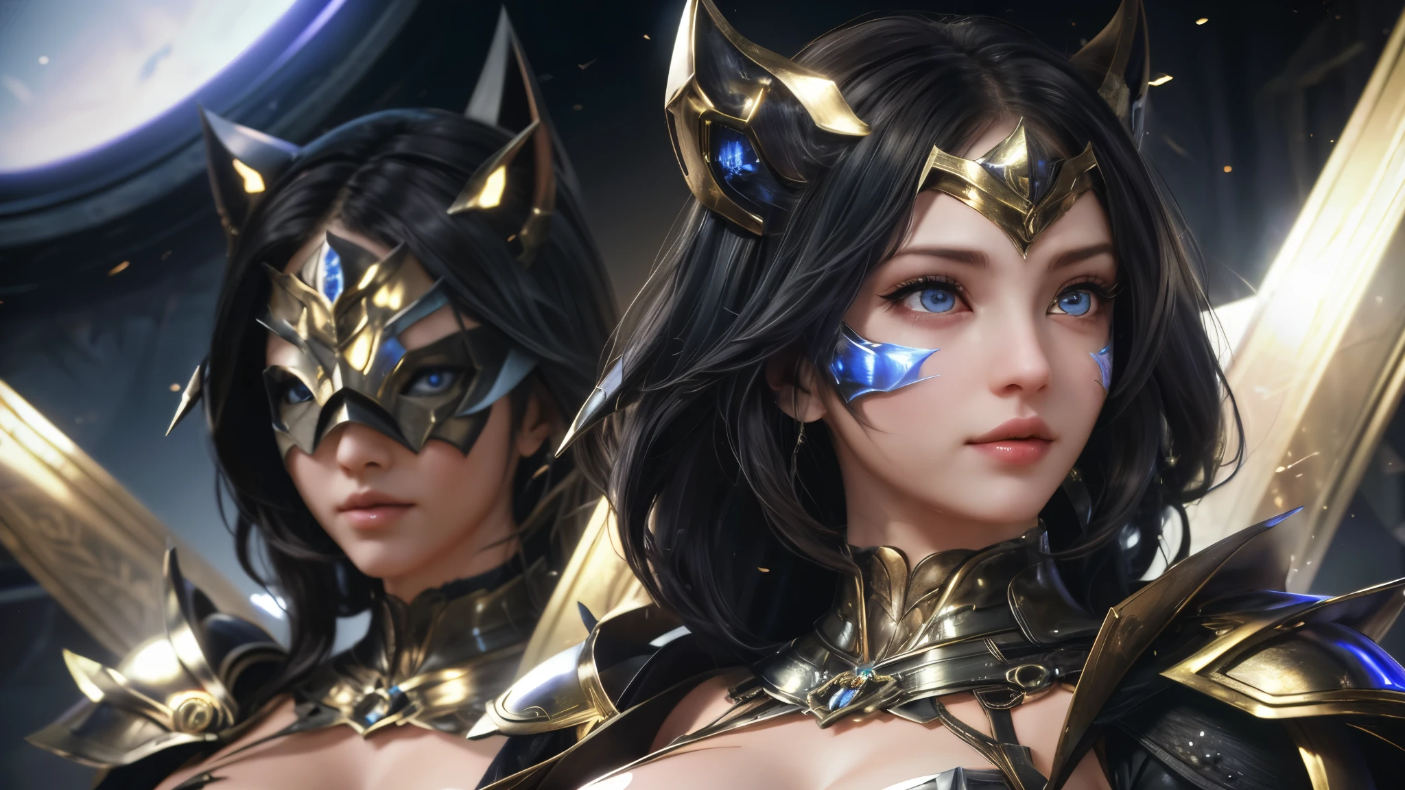 1girl, black hair, blue eyes, wearing full body armored suit, particles in background, absurdres, high res, ultrasharp, 8K, masterpiece, looking at viewer, cat girl ears same color as hair, mask, hands armored gloves, long cape, tmasterpiece, ultra fine photos, best qualtiy, realisticlying, rays of sunshine, full-body portraits, cleavage breasts, delicated face,Vibrant eyes,very highly detailed background, detailed background, opulent, high detail skin, Realistic details of skin,Visible pores,Clear focus,volume fog,8K UHD,digital SLR camera,high high quality,filmgrain,White skin of the,photorealistic