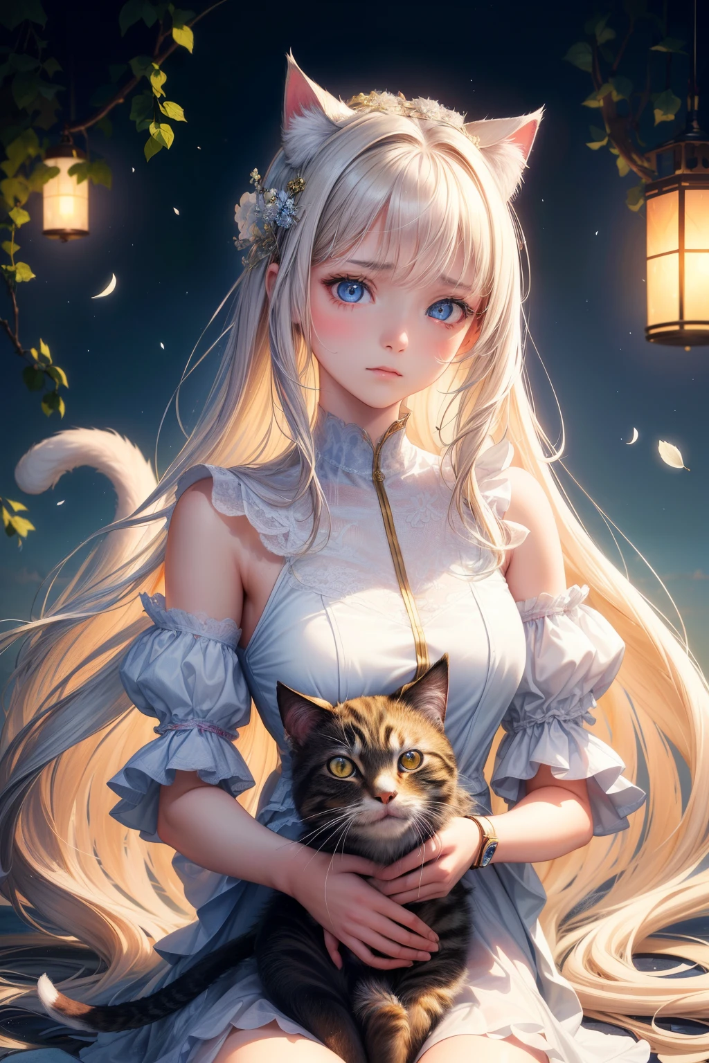 (Masterpiece, Top Quality), A heart-wrenching illustration, (One beautiful girl), Saddened by the loss of her beloved cat, (Highly Detailed), (A beautiful girl with long, flowing hair and expressive eyes), (Her face etched with sorrow as she holds an old photo of her cat), (Beneath a sky filled with dancing white petals and the gentle wind), (The cat, now a majestic being, watches from above with glowing eyes), (A masterpiece of art that captures the bittersweet moment), (Intricate details show the girl's emotions and the cat's transformation), (A poignant reminder of the bond between humans and their