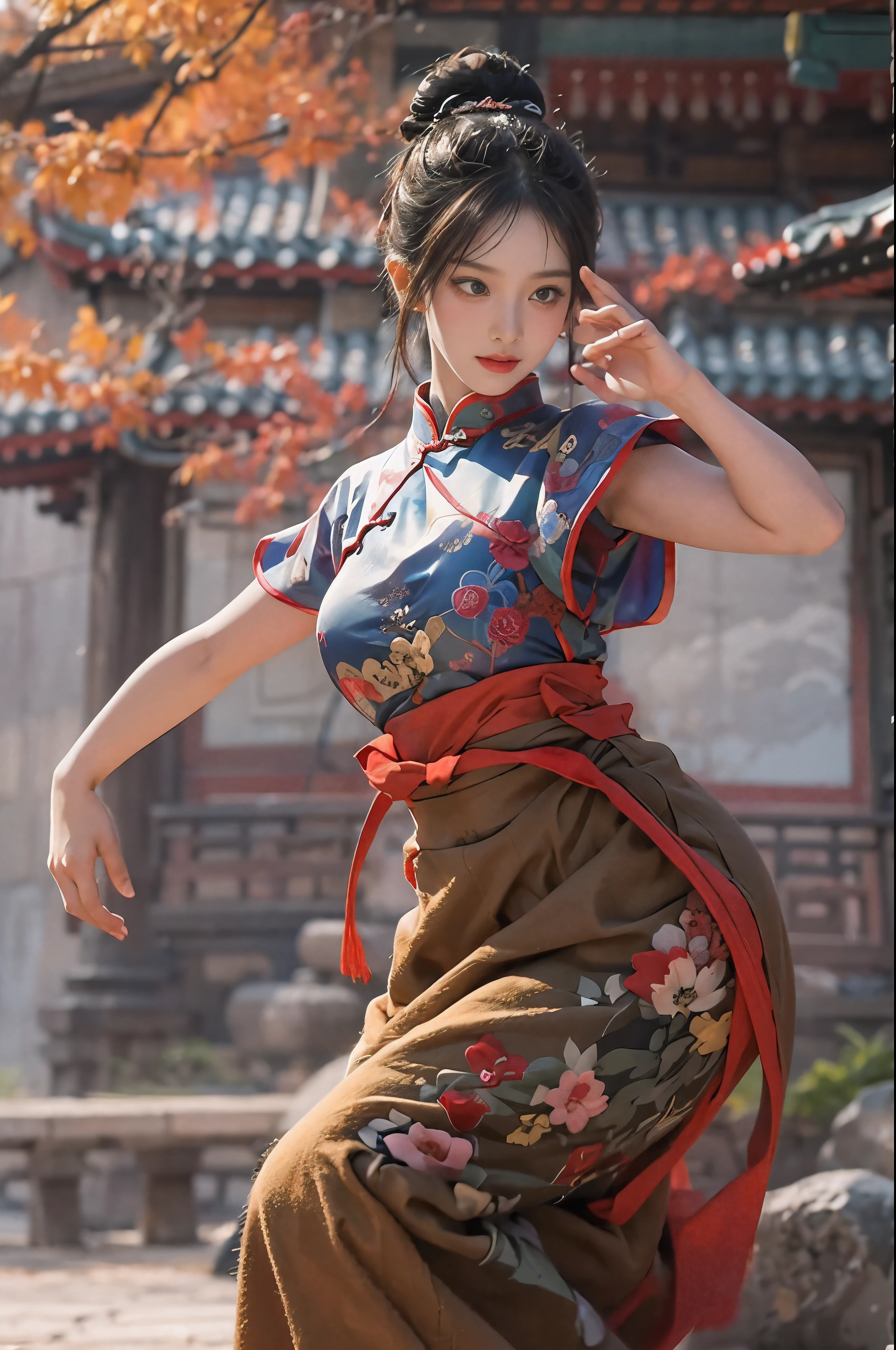 Imagine a dynamic scene with a 28 year old brunette woman, Her hair is tied up in two elegant buns, 鮮やかなChina dressで飾られています (China dress) Displaying intricate Chinese motifs. In a quiet environment reminiscent of Shaolin Temple、Imagine her in a calm kung fu pose。. Capture the essence of her strength and grace as she embodies the spirit of martial arts。, with the flowing fabric of the China dress adding a touch of elegance to each movement. Illustrate the details of her posture, The bright colors of her costume against the backdrop of a Shaolin-like environment, A visually appealing depiction of this martial arts-inspired moment.