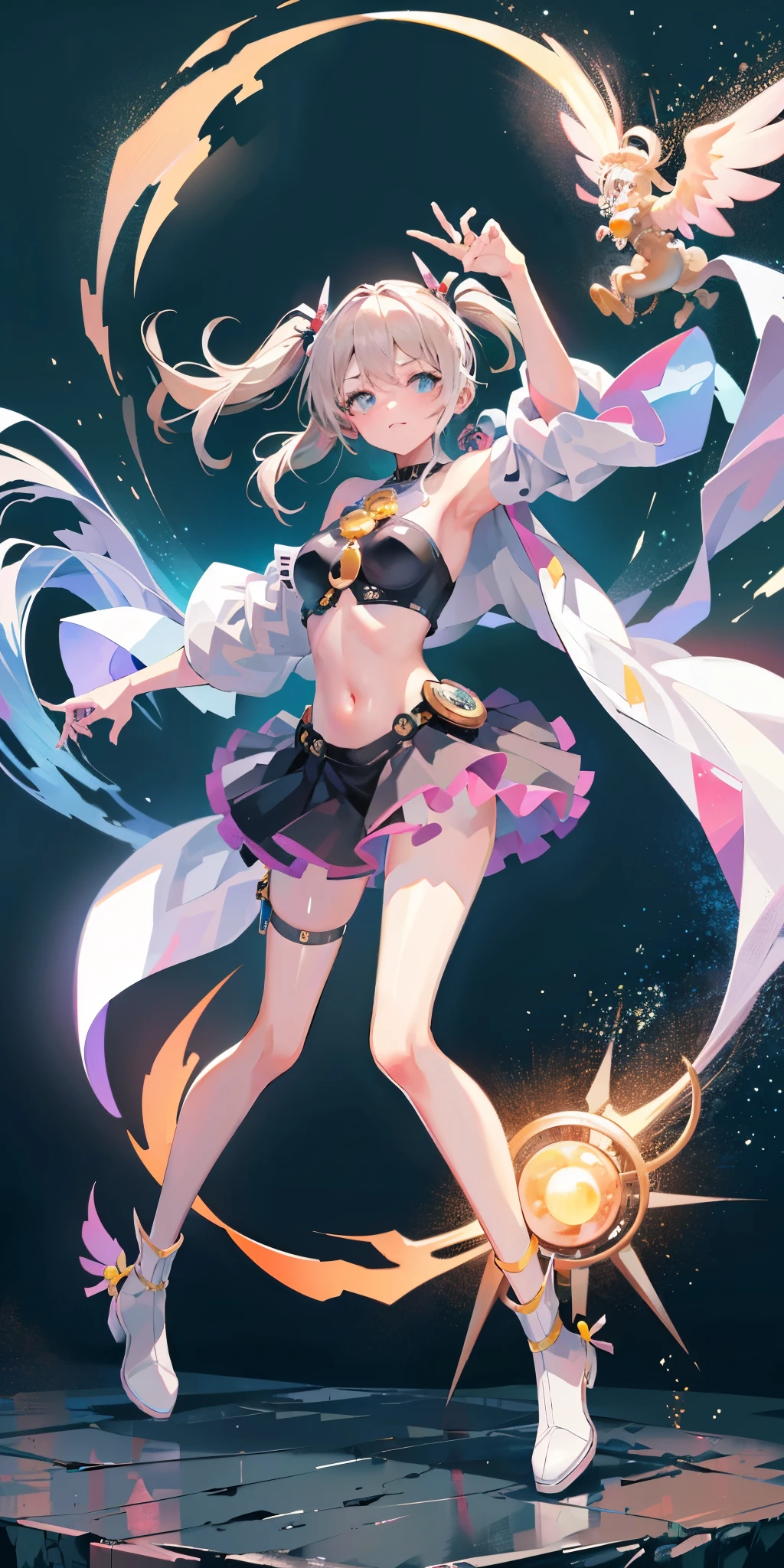 (masterpiece, best quality: 1.3), (16k, high resolution: 1.3), Beautiful  girl, Mechanical body, clear skin, Light, 有Light发Light, Very cute and beautiful female idol, open navel，Bare thighs，Full body female love, staring at the audience, 目Light坚定而凝重,