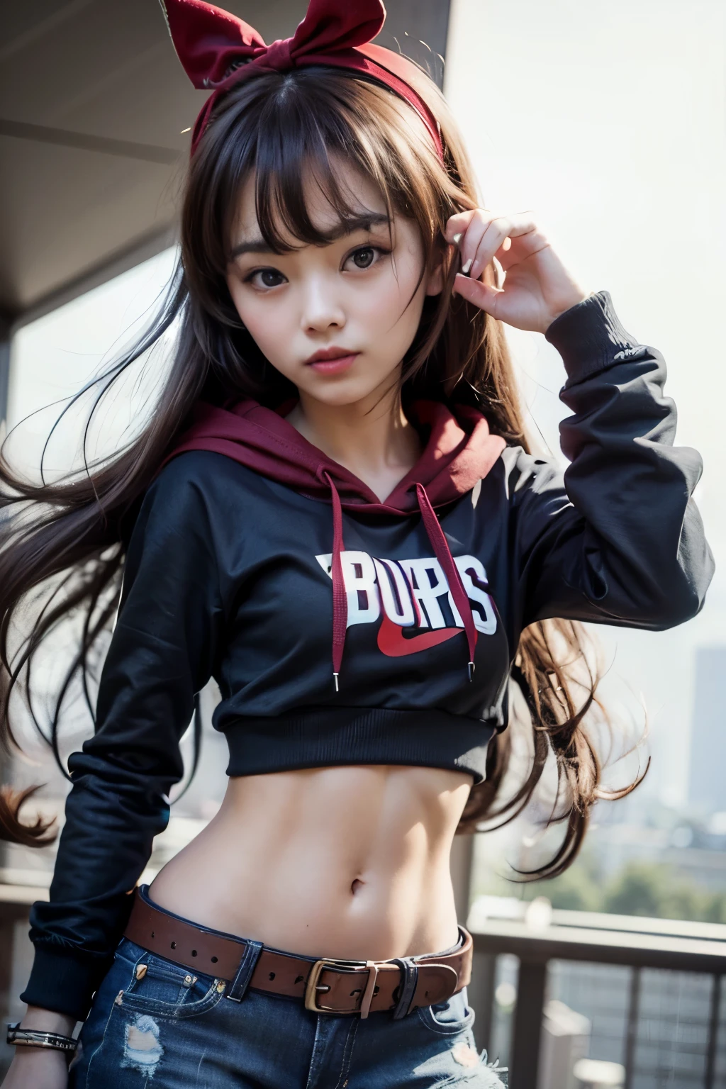 1girl, ((Black long sleeved hoodie)), dark blue jeans, iron belt, ((bare midriff, navel)), high quality, european town, standing, hand in pocket, excited, seductive smile, looking at viewer, Amber, red hairbow, brown hair, amber eyes, goggles on head, medium breasts,