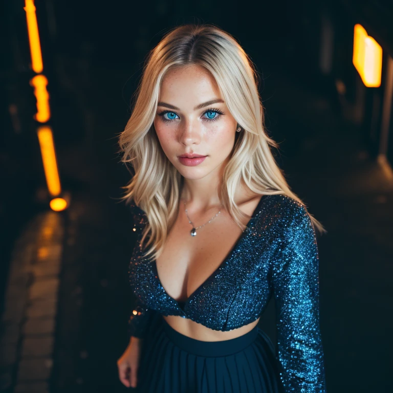 (selfie, top view: 1.4), (straight half of the body: 1.4), RAW UHD portrait photo of a 24-year-old blonde (blue-eyed woman) walking down a dark alley, large breasts,, city at night, (skirt), (neckline), details (textures! , hair! , glitter, color!! , disadvantages: 1.1), glossy eyes with high detail (looking at the camera), SLR lighting, SLR camera, ultra-quality, sharpness, depth of field, film grain (center), Fujifilm XT3, crystal clear, frame center, beautiful face, sharp focus, street lamp, neon lighting, bokeh (dimly lit), night, (night sky), detailed skin pores, oily skin, sunburn, complex eye details, full body, large breasts