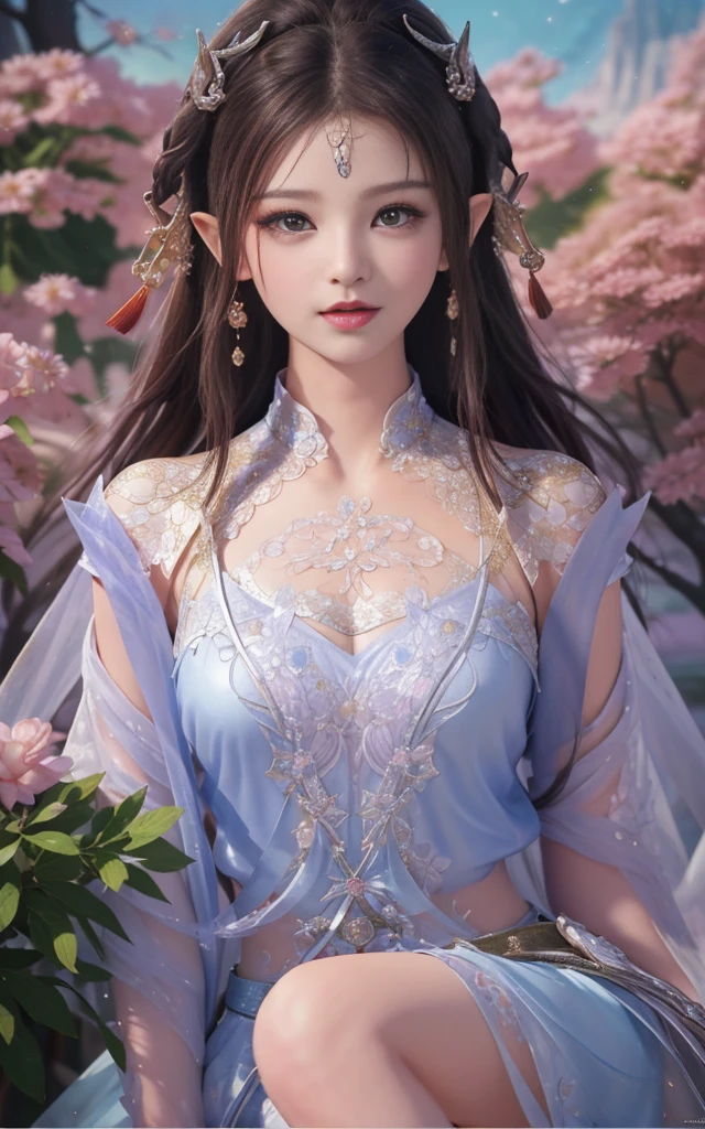 Close-up of a woman in a skirt sitting on a bench, ((beautiful fantasy queen)), beautiful fantasy queen, Beautiful and elegant elf queen, fantasy art style, 8k high quality detailed art, 4K detail fantasy, ethereal fantasy, beautiful figure painting, beautiful fantasy art, full body xianxia, beautiful fantasy girl