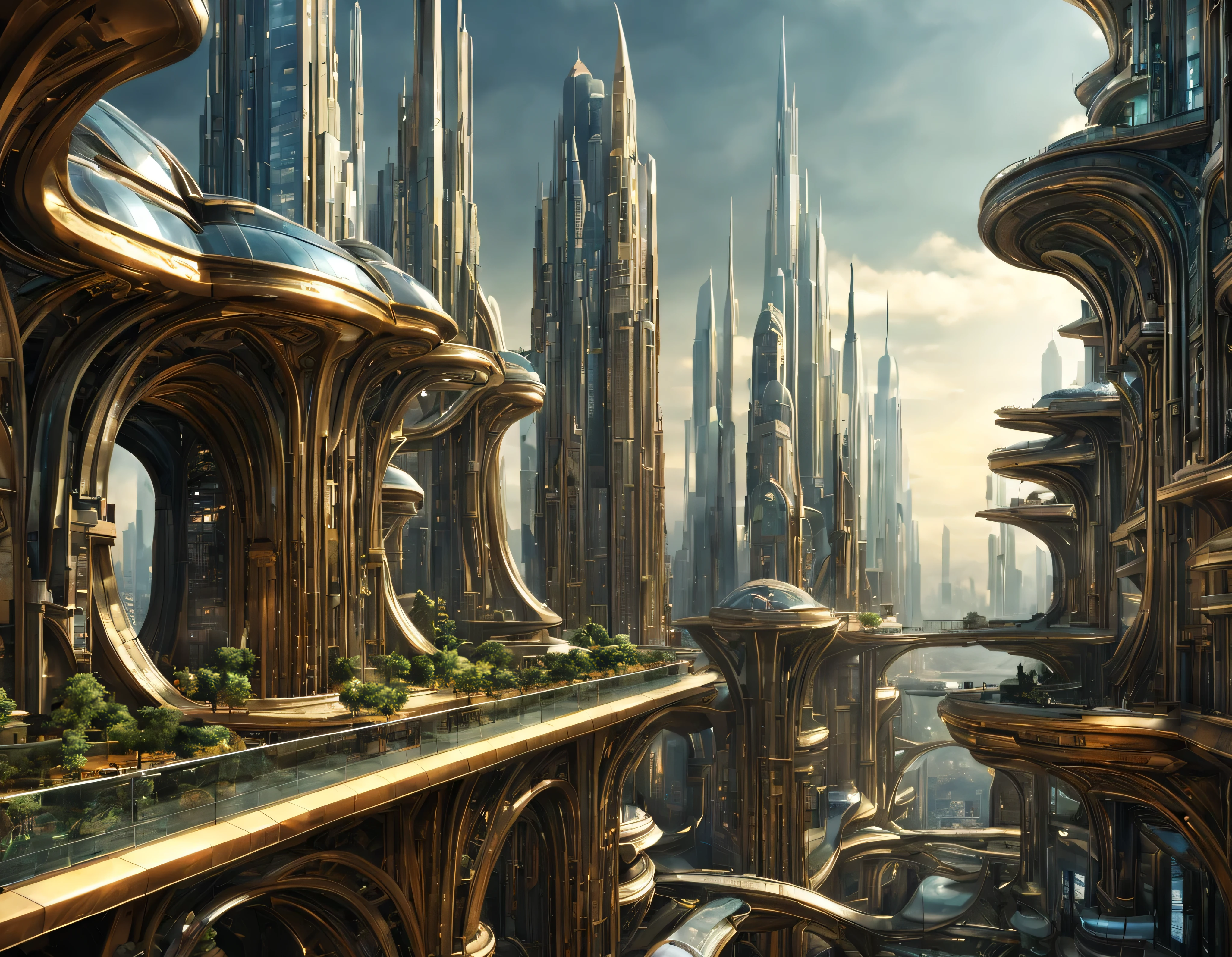the city of megacity futuristic science fiction city as it would be in the year 3029, vista desde una terraza , with high-tech design , edificios de metal y cristal, autopistas cruzandolos, de una inmensidad impresionante, con el empleo de oro , plata y bronce en su construccion, realmente impresionante a la vista, imagen bien definida, fondo nitido bien defifido, con muchos edificios juntos. imagen nitida bien definida 8k. los edificios llegan alta el fondo.,8k. imagen cinematografica, renderizado 3d, ((obra maestra de superior calidad)).