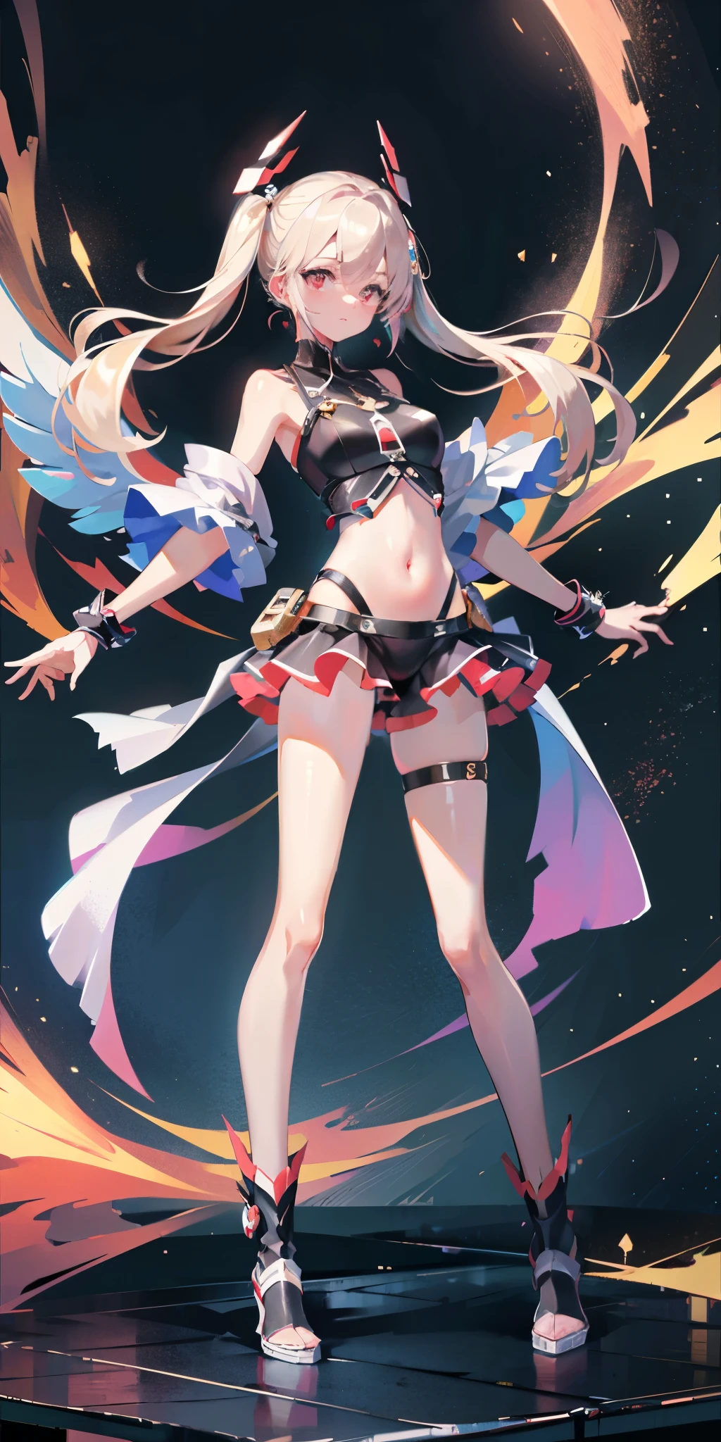 (masterpiece, best quality: 1.3), (16k, high resolution: 1.3), Beautiful  girl, Mechanical body, clear skin, Light, 有Light发Light, Very cute and beautiful female idol, open navel，Bare thighs，Full body female love, staring at the audience, 目Light坚定而凝重,