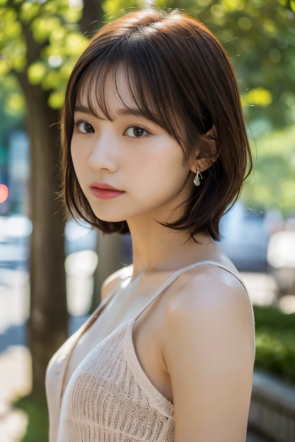 masterpiece,small bust, realistic,detailed eyes and lips, short hair, delicate features, soft and innocent look, wearing a tank top, bask in the warm sunshine, Enjoy the breeze,、An ennui look、rosy cheeks、 thighs thighs、city、
