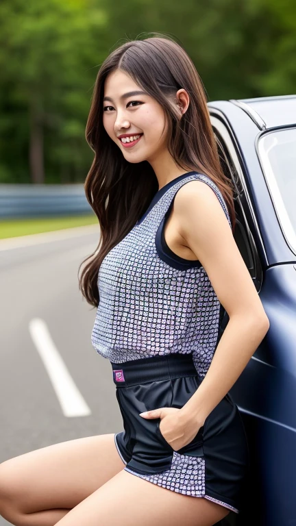 Highly detailed CG Unity 8K wallpaper, highest quality, Super detailed, masterpiece, realistic, photo realistic, Highly detailed cute girl, 25 years old, (whole bodyからつま先まで:1.4)、(whole body)、(whole body to toes)、(shot from the side)、(sitting on the hood of a car)、(lace queen)、
(Sponsored and wearing grid girl costume'logo is printed.:1.3), (shorts) , (sitting in a motorsport race), (cleavage), smile ,whole bodyショット ,(Side view)、(side shot)、(smile at the camera)、