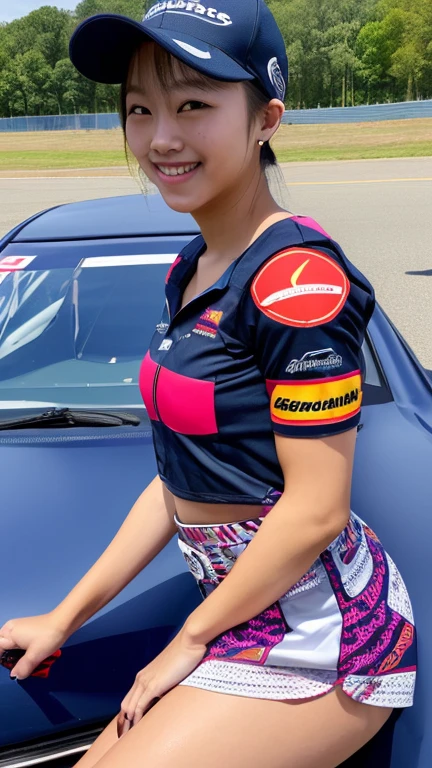 Highly detailed CG Unity 8K wallpaper, highest quality, Super detailed, masterpiece, realistic, photo realistic, Highly detailed cute girl, 25 years old, (whole bodyからつま先まで:1.4)、(whole body)、(whole body to toes)、(shot from the side)、(sitting on the hood of a car)、(lace queen)、
(Sponsored and wearing grid girl costume'logo is printed.:1.3), (shorts) , (sitting in a motorsport race), (cleavage), smile ,whole bodyショット ,(Side view)、(side shot)、(smile at the camera)、