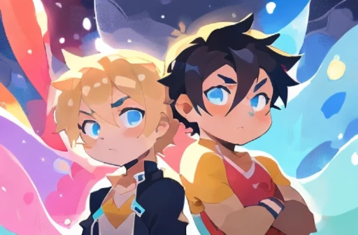 2 boys, (like a dream, a vibrant one), active posing, boys are 14 years old, black hair boy and blond hair boy , friends, soft lighting, serious mood, clear eyes