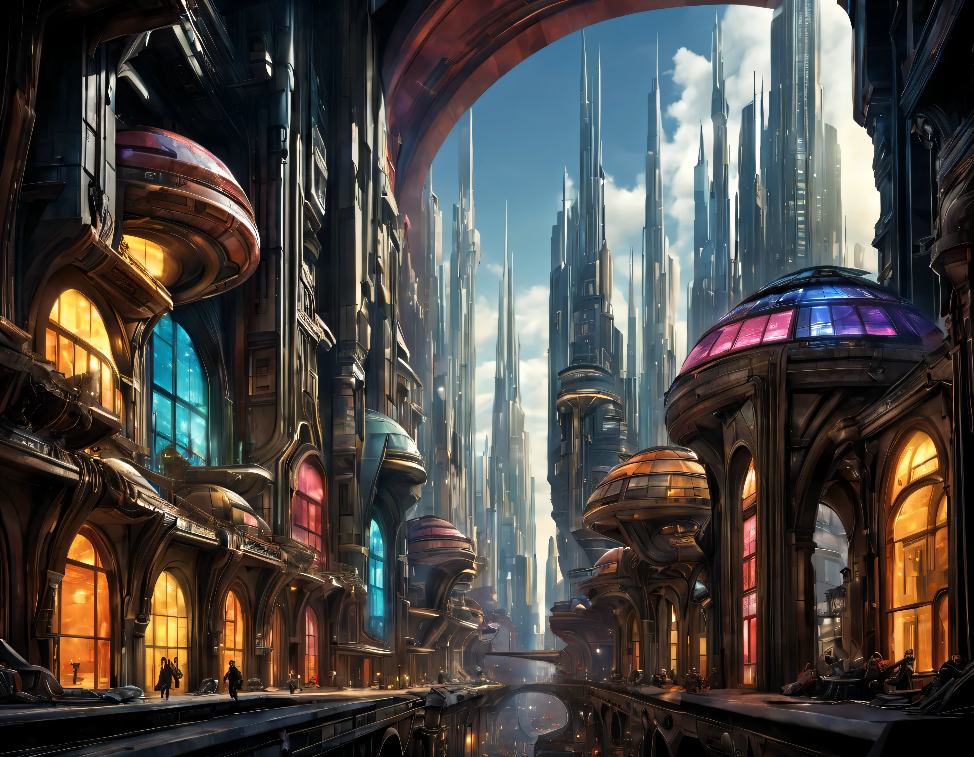 (The city of Coruscant from Star Wars as designed by Doug Chiang), futuristic fantasy city with immense buildings of technological design (que forman una avenida infinita), edificios compactor no difuminados con aspecto metalico, luces en ventanas en edificios, iluminacion diurna con sol, con estructuras acristaladas espectaculares, (con colores vivos). pavimento ensolado (sin brillo). gente paseando. imagen bien definida con muchos edificios juntos. imagen nitida bien definida 8k. los edificios llegan alta el fondo.,8k. imagen cinematografica. ((obra maestra de superior calidad)). (renderizado 3D).