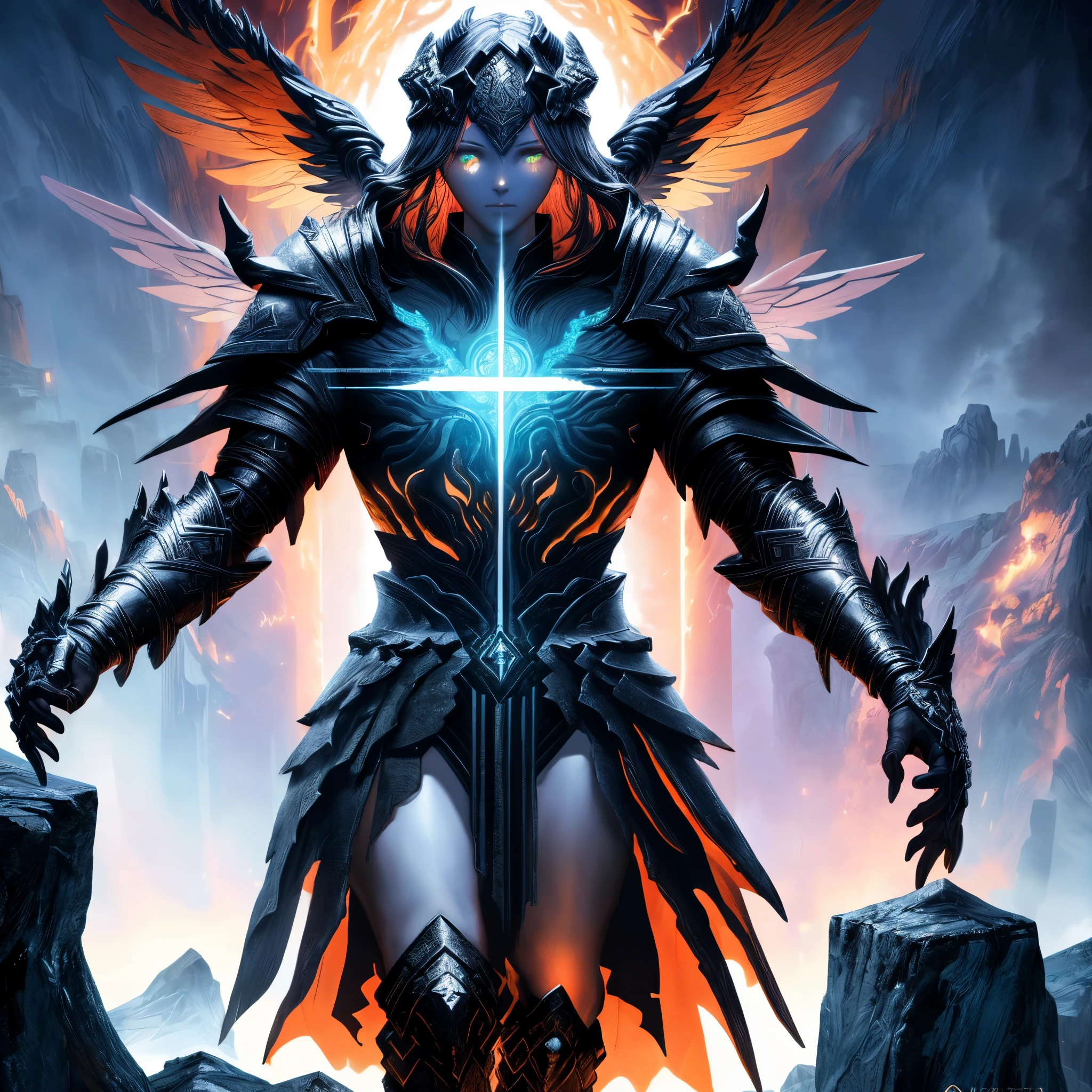 8k, ultra detailed, masterpiece, best quality, (extremely detailed), arafed, dnd art, panoramic view, full body, aasimar cleric casting a flaming spell,  aasimar, female, (Masterpiece 1.3, intense details), female, cleric, holy warrior, casting radiant spell, divine spell (Masterpiece 1.3, intense details) large angelic wings, azure angelic wings spread (Masterpiece 1.3, intense details), fantasy divinel background (Masterpiece 1.5, intense details), sun, clouds, wearing white armor  (Masterpiece 1.5, intense details), blue cloak, flowing robe (Masterpiece 1.3, intense details), high heeled boots (Masterpiece 1.3, intense details), armed with mace gl0w1ngR, metalic hair, green eyes, intense eyes, feminine, ultra detailed face, (Masterpiece 1.5, best quality), anatomically correct (Masterpiece 1.3, intense details), determined face, divine light, cinematic lighting, soft light, silhouette, photorealism, panoramic view (Masterpiece 1.3, intense details) , Wide-Angle, Ultra-Wide Angle, 8k, highres, best quality, high details