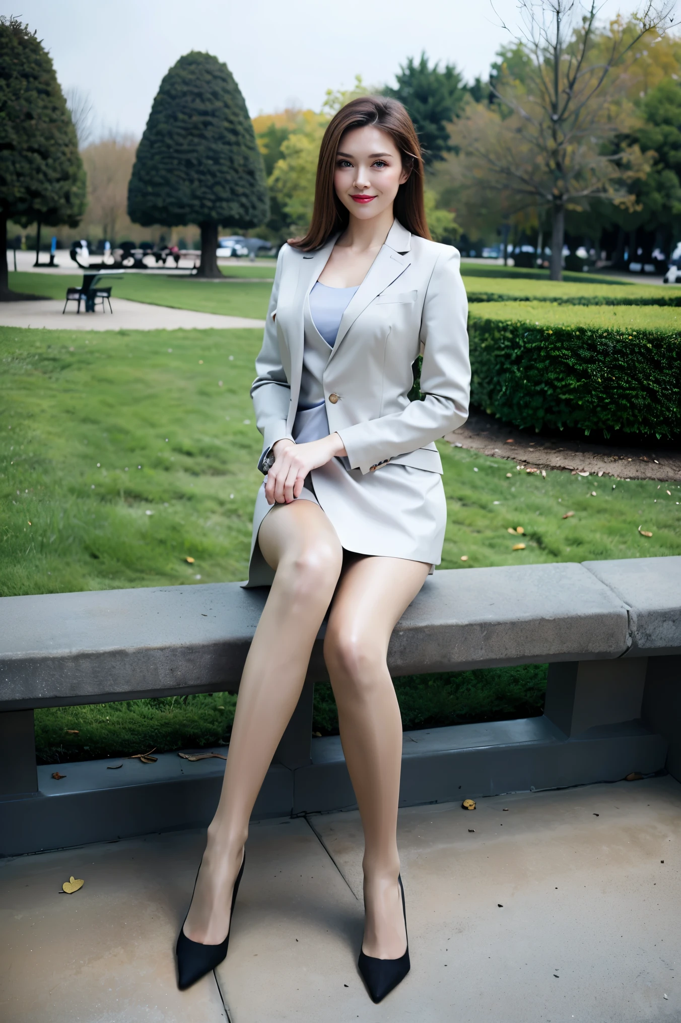 masterpiece, best quality, 1 girl, beautiful, beautiful, Beautifully, extremely complex, detailed, brown hair, jacket, blue eyes, ((masterpiece)), Very detailed, best quality, high resolution, ((in the park)), bridget, Smile,  skin tone，Black red soled high heels，