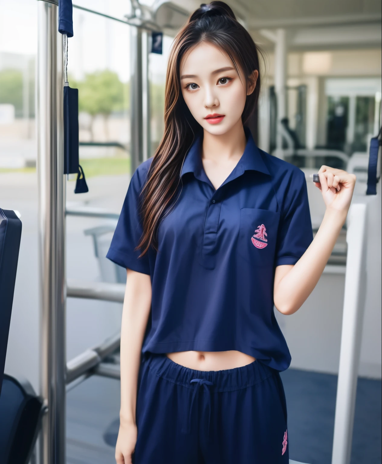 2 girls in fitness center, Navy blue short-sleeved shirt,Navy Long Trackpant,Sweatpants, Sweatpantsขายาว,25 year old girl, lesbian, sexy, exercise clothes, wet body, exercise clothes