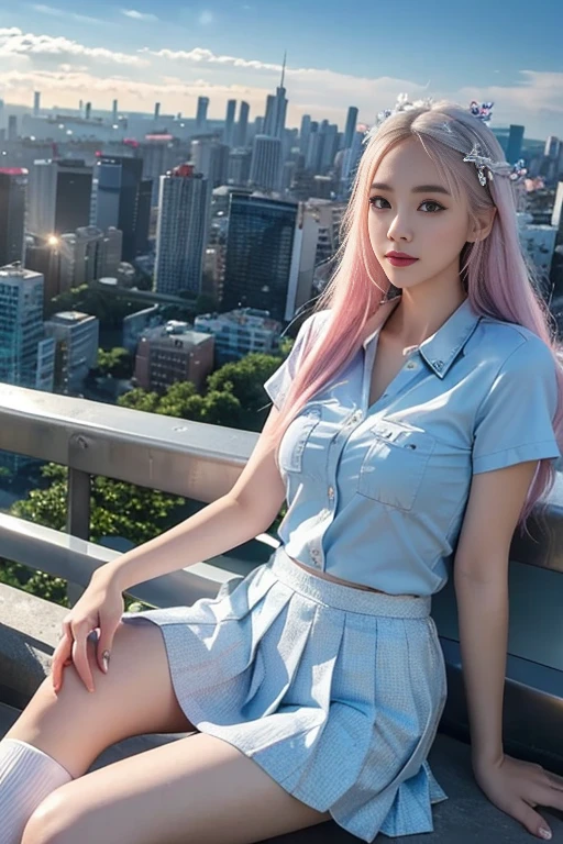 1girll,Sit on a comfortable sofa,Cross ed leg,Soft light sets off the official art，tmasterpiece，Sharp focus，（Beautiful gorgeous lovely Korean women：1.3），（beautiful lovely Korean people：1.3），South Korean beauties，Delicate and beautiful hair and eyes and face，realisticlying，ultra - detailed，a beauty girl，blue-sky，Glowing white particles,(sidelighting:1.2),rays of sunshine,baiyun,Detailed clouds,Slender,Cute big breasts and big buttocks,Toothy laughter,((Laugh and open your eyes)),scenecy,Long straight hair, sexy facial expression, buliding, (cityscape:1.7), Dynamic hair, Long straight hair, Delicate platinum-pink hair, glow blue eyes, (blue pleated shirt+white  skirt), long white socks, paleskin, hair adornments, epic landscapes,