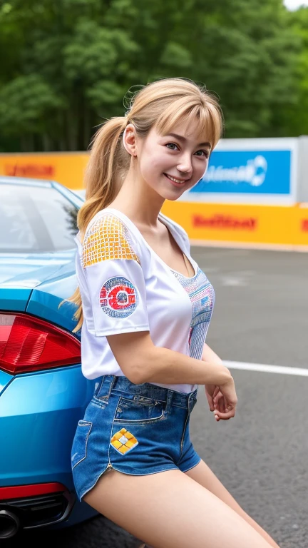 Highly detailed CG Unity 8K wallpaper, highest quality, Super detailed, masterpiece, realistic, photo realistic, Highly detailed cute girl, 25 years old, (whole bodyからつま先まで:1.4)、(whole body)、(whole body to toes)、(shot from the side)、(sitting on the hood of a car)、(lace queen)、
(Sponsored and wearing grid girl costume'logo is printed.:1.3), (shorts) , (sitting in a motorsport race), (cleavage), smile ,whole bodyショット ,(Side view)、(side shot)、(smile at the camera)、