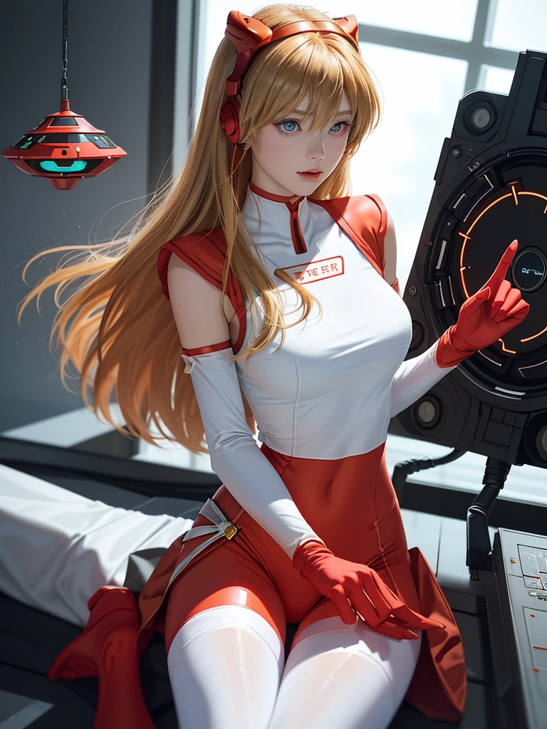 (top view),dynamic angle,Super detailed, illustration, close up, direct, 1 girl, 
 ((Soryu Asuka Langley, Interface headset, Red tights:1.4, blonde)),Her eyes shone like fantastic stars,(glowing eyes:1.233),(Beautiful and delicate eyes:1.1),(Poker face,Keep your mouth shut),(permanent), 
(Mechanical room with tools and spaceship windows in white spaceship),
(night:1.2),fantastic, [[slender fingers and hands:0.55]::0.85],(Detail fingers),