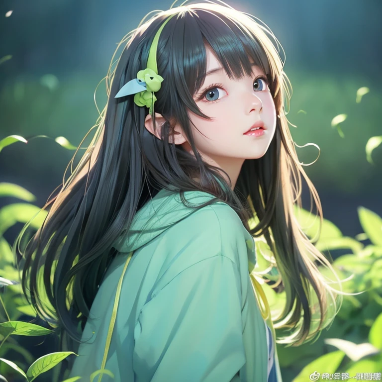 anime illustration、young、cute、Darker hair color、goblin、like、light blue,黄green,green,yellow、Gentle atmosphere、
