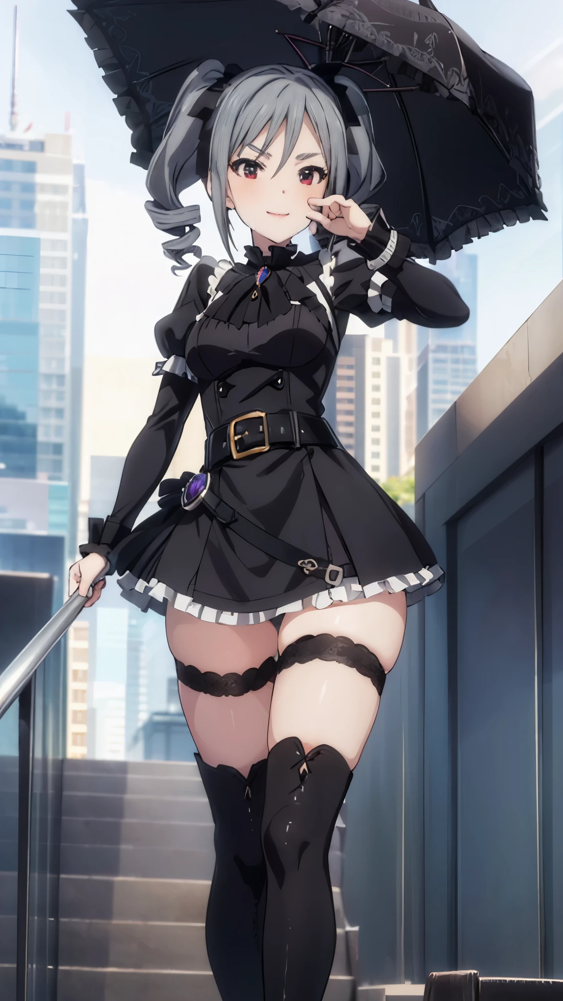 (((pixel perfect, detail perfect))), alone, 1 girl, Ranko Kanzaki, black dress, gothic, umbrella, smile, looking at the viewer、Black thigh high high stockings,knee boots,lace panties,(micro shorts)tattoo、(Vulgarity:1.2), vapor,Sweat、long gloves、Absolute area、(high heels)standing、Thighs like whole body、(solo、1 person、solo)(condom belt)