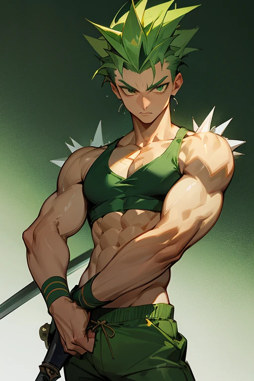 teenage male with green spiked hair, Medieval bandits, green pants and tank top,2 daggers,Meticulous muscle detail,(whole body),smooth skin,anatomically correct,Challenging eyes