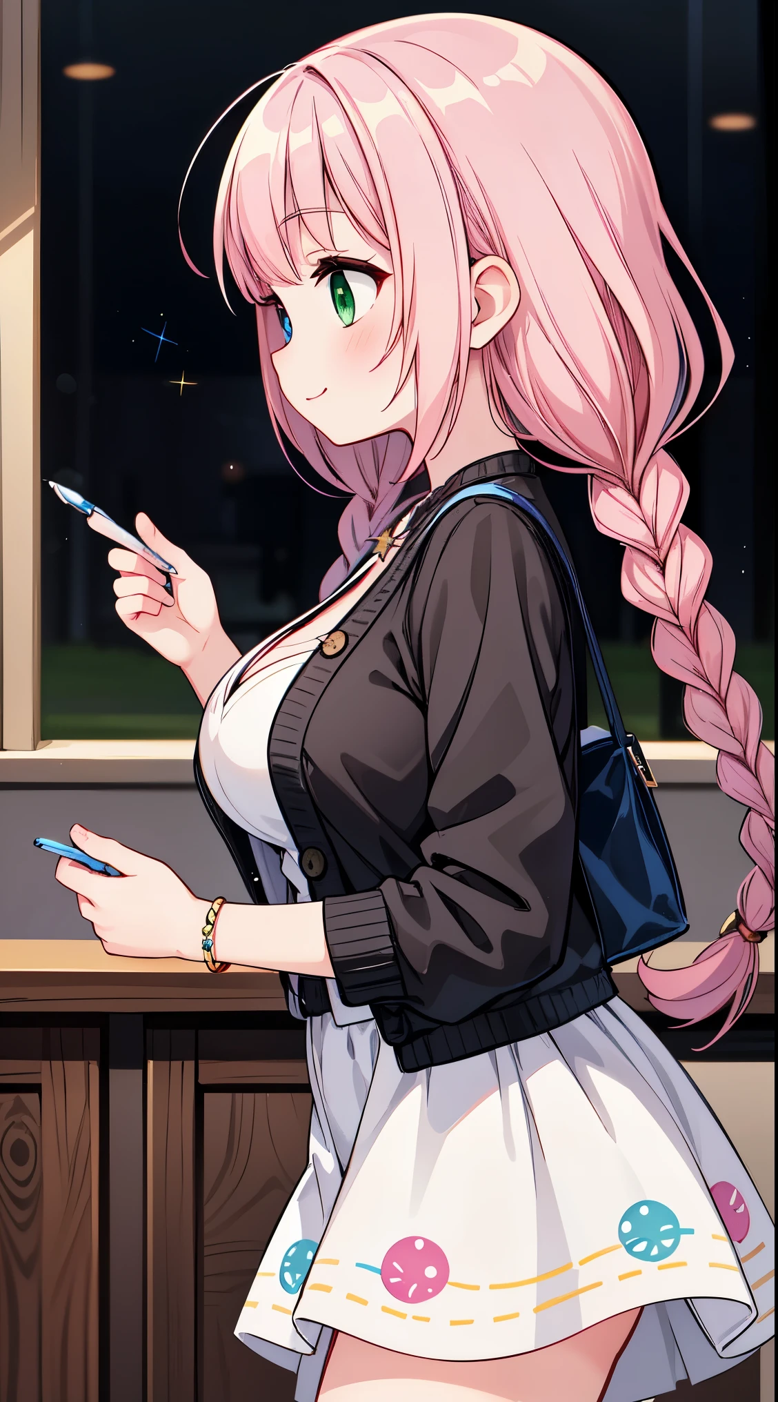 (super fine illustration:1.2),(masterpiece, 8k), (best quality, high quality:1.4), perfect anatomy, hyper detailed, ultra detailed,masterpiece background,beautiful detailed background, v8k wallpaper,perfect design,award-winning art,atmospheric,,
BREAK, one beautiful girl, (17 year old girl),alone,(kawaii:1.5),(Chibi:0.6),(cute:1.5),(:1.5),break,(17 year old girl), one beautiful girl,very detailed,Colorful,best details,transparent skin,Shining beautiful skin,shy,very detailed,Colorful,best details,BREAK,transparent skin,Shining beautiful skin,shy skin,break,(heterochromia,blue eyes,green eyes, eye highlights,first ultrafine star:1.45),star eye silhouette ,BREAK,(pink hair, semi-long hair, bow:1.4),(twin braids,slightly curly hair,princess cut, crossed bangs:1.3),(big breasts,beautiful breasts:1.5),(long eyelashes, double eyelid:1.2),alone,glowing skin, transparent skin, Shining beautiful skin,(highest quality face),(highest quality bright eyes),(light smile:1.45),
BREAK
//Fashion
Mystical Book Guardian,
Dress featuring prints of antique books or magical symbols,
Cozy, oversized cardigan in a complementary color,
Vintage-inspired accessories like brooches or cameo necklaces,
Heels with a design resembling a stack of magical books,
Tote bag with intricate book cover illustrations,
Glasses with a whimsical frame for a scholarly touch,
Hairpin shaped like a quill pen for a literary accent,
Antique-inspired jewelry such as ornate rings or bracelets,
Soft, natural makeup and a touch of whimsical eyeshadow,
BREAK
classroom, sunset sky, back lighting,
late, mid,
BREAK,wakame,wakame,wakame,(cowboy shot,from side:1.5)
BREAK,(Blurry background:1.3),(absurderes, hight resolution, Super Detail Art),cel shading,Clear Color, Lonely optical effect, Beautiful pictures, Bright glow, mystic atmosphere,(Close-up of girl:0.7), Mystical light particle effect,manga influence, clean line drawings,