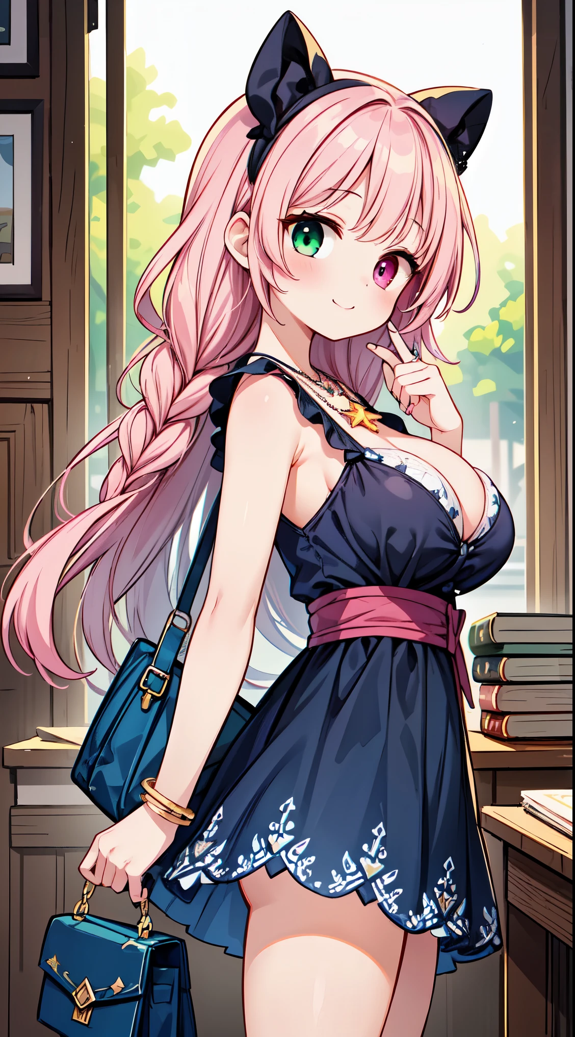 (super fine illustration:1.2),(masterpiece, 8k), (best quality, high quality:1.4), perfect anatomy, hyper detailed, ultra detailed,masterpiece background,beautiful detailed background, v8k wallpaper,perfect design,award-winning art,atmospheric,,
BREAK, one beautiful girl, (17 year old girl),alone,(kawaii:1.5),(Chibi:0.6),(cute:1.5),(:1.5),break,(17 year old girl), one beautiful girl,very detailed,Colorful,best details,transparent skin,Shining beautiful skin,shy,very detailed,Colorful,best details,BREAK,transparent skin,Shining beautiful skin,shy skin,break,(heterochromia,blue eyes,green eyes, eye highlights,first ultrafine star:1.45),star eye silhouette ,BREAK,(pink hair, semi-long hair, bow:1.4),(twin braids,slightly curly hair,princess cut, crossed bangs:1.3),(big breasts,beautiful breasts:1.5),(long eyelashes, double eyelid:1.2),alone,glowing skin, transparent skin, Shining beautiful skin,(highest quality face),(highest quality bright eyes),(light smile:1.45),
BREAK
//Fashion
Mystical Book Guardian,
Dress featuring prints of antique books or magical symbols,
Cozy, oversized cardigan in a complementary color,
Vintage-inspired accessories like brooches or cameo necklaces,
Heels with a design resembling a stack of magical books,
Tote bag with intricate book cover illustrations,
Glasses with a whimsical frame for a scholarly touch,
Hairpin shaped like a quill pen for a literary accent,
Antique-inspired jewelry such as ornate rings or bracelets,
Soft, natural makeup and a touch of whimsical eyeshadow,
BREAK
classroom, sunset sky, back lighting,
late, mid,
BREAK,wakame,wakame,wakame,(cowboy shot,from side:1.5)
BREAK,(Blurry background:1.3),(absurderes, hight resolution, Super Detail Art),cel shading,Clear Color, Lonely optical effect, Beautiful pictures, Bright glow, mystic atmosphere,(Close-up of girl:0.7), Mystical light particle effect,manga influence, clean line drawings,