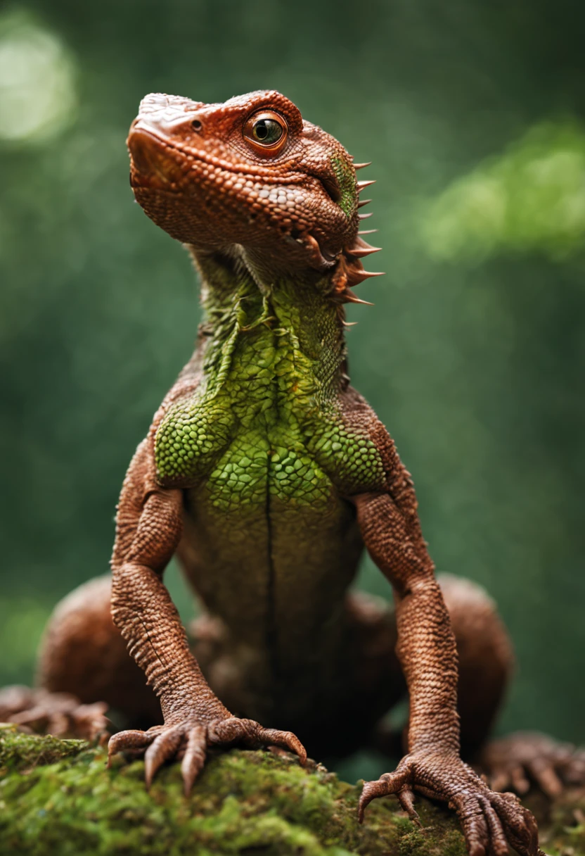 masterpiece(Best Quality, hight resolution, sense of reality:1.37), Ultra-detailed, A realistic lizard. Scales are shining. It has horns. Its body is covered with thorns. Wings like a bat. A face like a dragon. It has big fangs. It has a long neck. It is very huge body. Seen from below. Beautifully detailed, solemnity, hight resolution, SLR camera, depth of fields