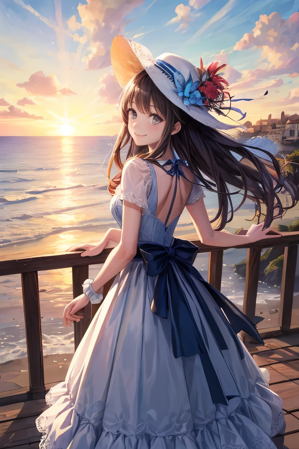 (masterpiece:1.2, highest quality), (very detailed:1.3), Perfect anime illustration of a  girl wearing a long dress, hat with brim, Panty shot, Wind, Windが強いアップスカート, (light blue detailed lace panties), Fundo, from behind, whole body, at the seaside, mediterranean town, wood, smile, summer, warm, bright,