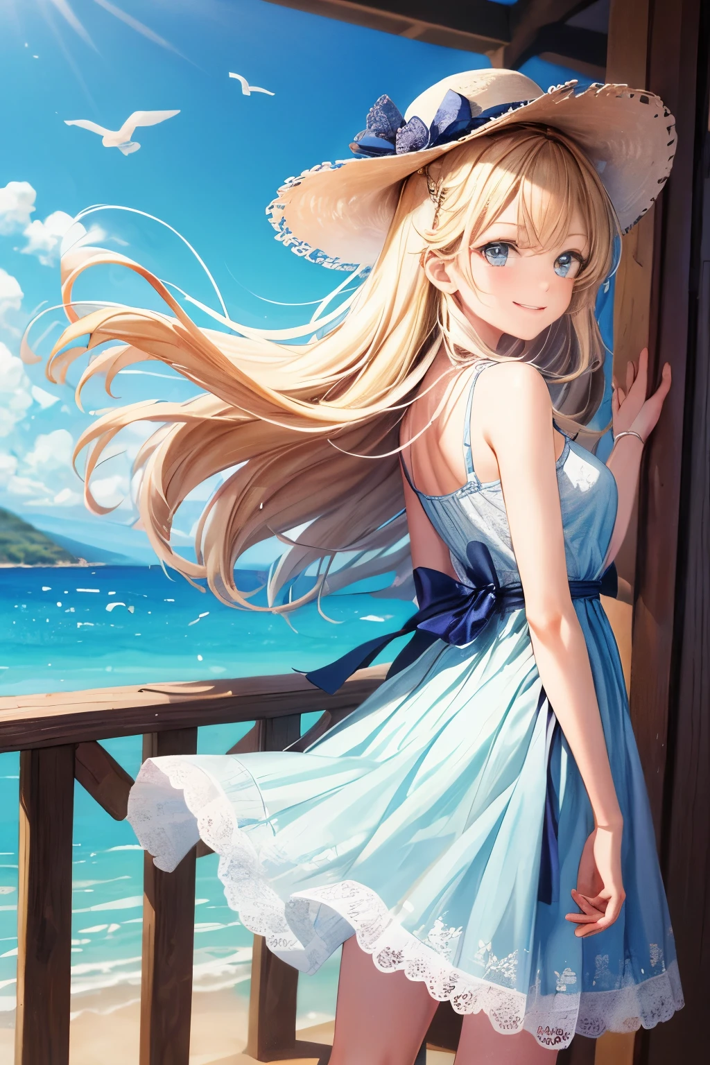 (masterpiece:1.2, highest quality), (very detailed:1.3), Perfect anime illustration of a 17 year old girl wearing a long dress, hat with brim, Panty shot, Wind, Windが強いアップスカート, (light blue detailed lace panties), Fundo, from behind, whole body, at the seaside, mediterranean town, wood, smile, summer, warm, bright,