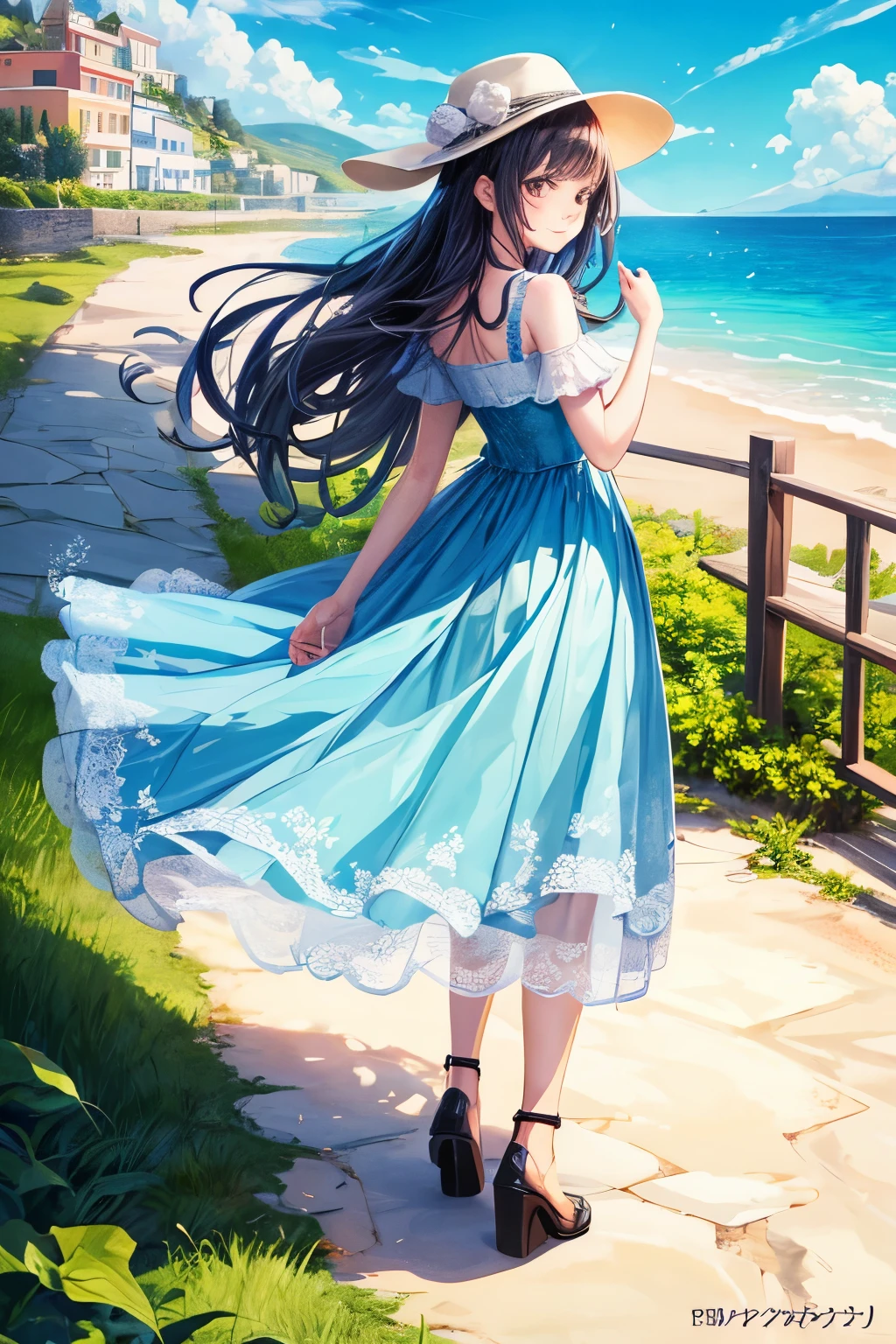 (masterpiece:1.2, highest quality), (very detailed:1.3), Perfect anime illustration of a 17 year old girl wearing a long dress, hat with brim, Panty shot, Wind, Windが強いアップスカート, (light blue detailed lace panties), Fundo, from behind, whole body, at the seaside, mediterranean town, wood, smile, summer, warm, bright,