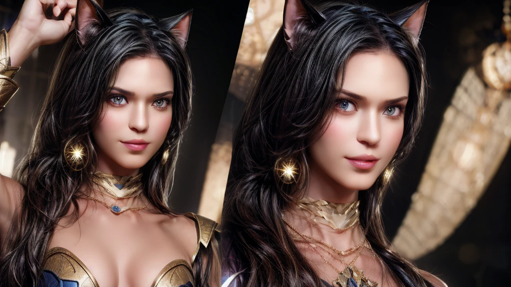 1girl, black hair, blue eyes, wearing full body armored suit, particles in background, absurdres, high res, ultrasharp, 8K, masterpiece, looking at viewer, cat girl ears same color as hair, mask, hands armored gloves, long cape, tmasterpiece， ultra fine photos， best qualtiy， realisticlying， rays of sunshine， full-body portraits, cleavage breasts, delicated face，Vibrant eyes，very highly detailed background, detailed background, opulent, high detail skin， Realistic details of skin，Visible pores，Clear focus，volume fog，8K UHD，digital SLR camera，high high quality，filmgrain，White skin of the，photorealistic
