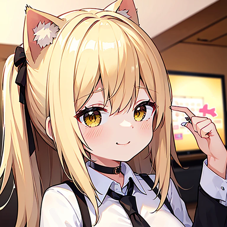 NSFW, masterpiece, (highest quality:1.2), (sharp focus:1.2),, 1 girl, slim girl,, (blonde|light_yellow hair), Cat ear,, detailed face, young|cute face, blush, evil smile,, natural breasts, thin arms,, White collared shirt and black tie, black choker,, In a modern office, indoor
