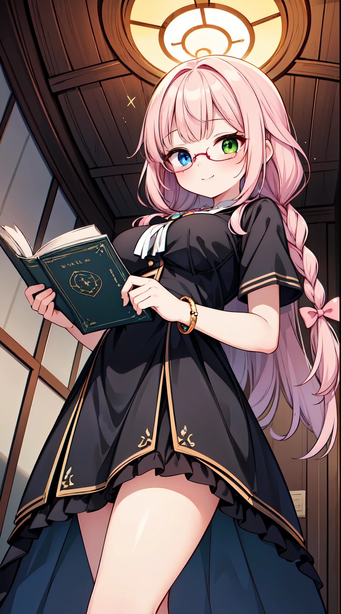 (super fine illustration:1.2),(masterpiece, 8k), (best quality, high quality:1.4), perfect anatomy, hyper detailed, ultra detailed,masterpiece background,beautiful detailed background, v8k wallpaper,perfect design,award-winning art,atmospheric,,


BREAK, one beautiful girl, (17 year old girl),alone,(kawaii:1.5),(Chibi:0.6),(cute:1.5),(:1.5),break,(17 year old girl), one beautiful girl,very detailed,Colorful,best details,transparent skin,Shining beautiful skin,shy,very detailed,Colorful,best details,BREAK,transparent skin,Shining beautiful skin,shy skin,break,(heterochromia,blue eyes,green eyes, eye highlights,first ultrafine star:1.45),star eye silhouette ,BREAK,(pink hair, semi-long hair, bow:1.4),(twin braids,slightly curly hair,princess cut, crossed bangs:1.3),(big breasts,beautiful breasts:1.5),(long eyelashes, double eyelid:1.2),alone,glowing skin, transparent skin, Shining beautiful skin,(highest quality face),(highest quality bright eyes),(light smile:1.45), 
BREAK
//Fashion
Mystical Book Guardian,
Dress featuring prints of antique books or magical symbols,
Cozy, oversized cardigan in a complementary color,
Vintage-inspired accessories like brooches or cameo necklaces,
Heels with a design resembling a stack of magical books,
Tote bag with intricate book cover illustrations,
Glasses with a whimsical frame for a scholarly touch,
Hairpin shaped like a quill pen for a literary accent,
Antique-inspired jewelry such as ornate rings or bracelets,
Soft, natural makeup and a touch of whimsical eyeshadow,
BREAK

classroom, sunset sky, back lighting,
late, mid,

BREAK,wakame,wakame,wakame,(cowboy shot,from below:1.5) 



BREAK,(Blurry background:1.3),(absurderes, hight resolution, Super Detail Art),cel shading,Clear Color, Lonely optical effect, Beautiful pictures, Bright glow, mystic atmosphere,(Close-up of girl:0.7), Mystical light particle effect,manga influence, clean line drawings, 

