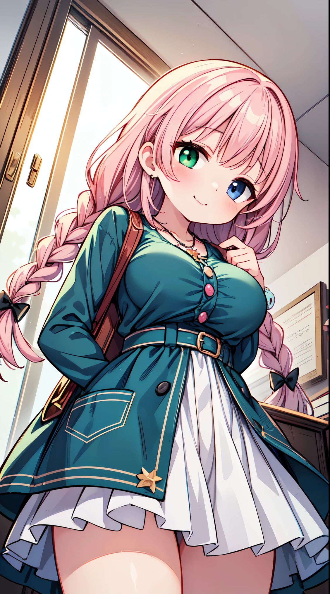 (super fine illustration:1.2),(masterpiece, 8k), (best quality, high quality:1.4), perfect anatomy, hyper detailed, ultra detailed,masterpiece background,beautiful detailed background, v8k wallpaper,perfect design,award-winning art,atmospheric,,
BREAK, one beautiful girl, ( girl),alone,(kawaii:1.5),(Chibi:0.6),(cute:1.5),(:1.5),break,(17 year old beautiful girl,very detailed,Colorful,best details,transparent skin,Shining beautiful skin,shy,very detailed,Colorful,best details,BREAK,transparent skin,Shining beautiful skin,shy skin,break,(heterochromia,blue eyes,green eyes, eye highlights,first ultrafine star:1.45),star eye silhouette ,BREAK,(pink hair, semi-long hair, bow:1.4),(twin braids,slightly curly hair,princess cut, crossed bangs:1.3),(big breasts,beautiful breasts:1.5),(long eyelashes, double eyelid:1.2),alone,glowing skin, transparent skin, Shining beautiful skin,(highest quality face),(highest quality bright eyes),(light smile:1.45),
BREAK
//Fashion
Mystical Book Guardian,
Dress featuring prints of antique books or magical symbols,
Cozy, oversized cardigan in a complementary color,
Vintage-inspired accessories like brooches or cameo necklaces,
Heels with a design resembling a stack of magical books,
Tote bag with intricate book cover illustrations,
Glasses with a whimsical frame for a scholarly touch,
Hairpin shaped like a quill pen for a literary accent,
Antique-inspired jewelry such as ornate rings or bracelets,
Soft, natural makeup and a touch of whimsical eyeshadow,
BREAK
classroom, sunset sky, back lighting,
late, mid,
BREAK,wakame,wakame,wakame,(cowboy shot,from below:1.5)
BREAK,(Blurry background:1.3),(absurderes, hight resolution, Super Detail Art),cel shading,Clear Color, Lonely optical effect, Beautiful pictures, Bright glow, mystic atmosphere,(Close-up of girl:0.7), Mystical light particle effect,manga influence, clean line drawings,