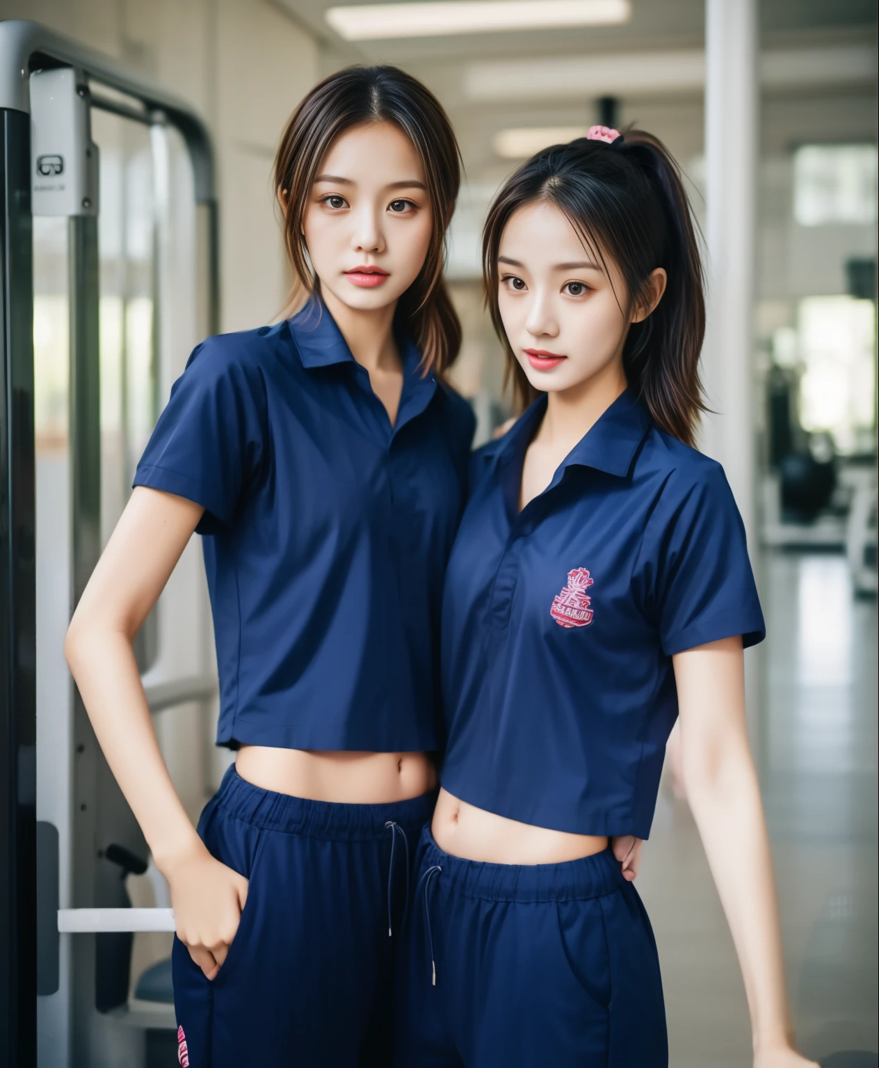 2 girls in the fitness center, Navy blue short-sleeved shirt,Navy Long Trackpant,Sweatpants, Sweatpantsขายาว,25 year old girl, lesbian, sexy, exercise clothes, wet body