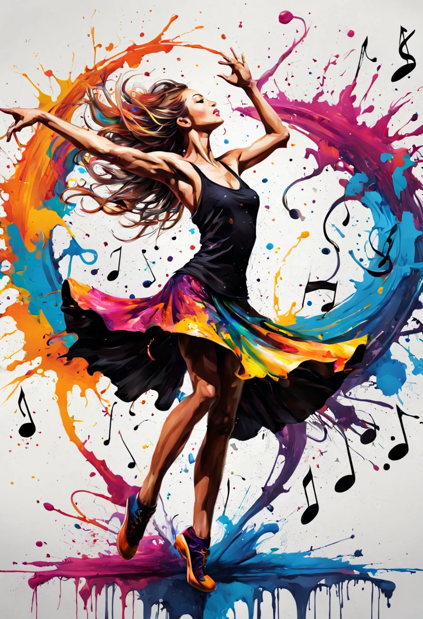 A vibrant, abstract ink splatter painting of a dancer in mid-air, surrounded by a swirl of musical notes. 8K, hyper detailed. graffiti art, splash art, street art, spray paint, oil gouache melting, acrylic, high contrast, colorful polychromatic, ultra detailed, ultra quality, CGSociety