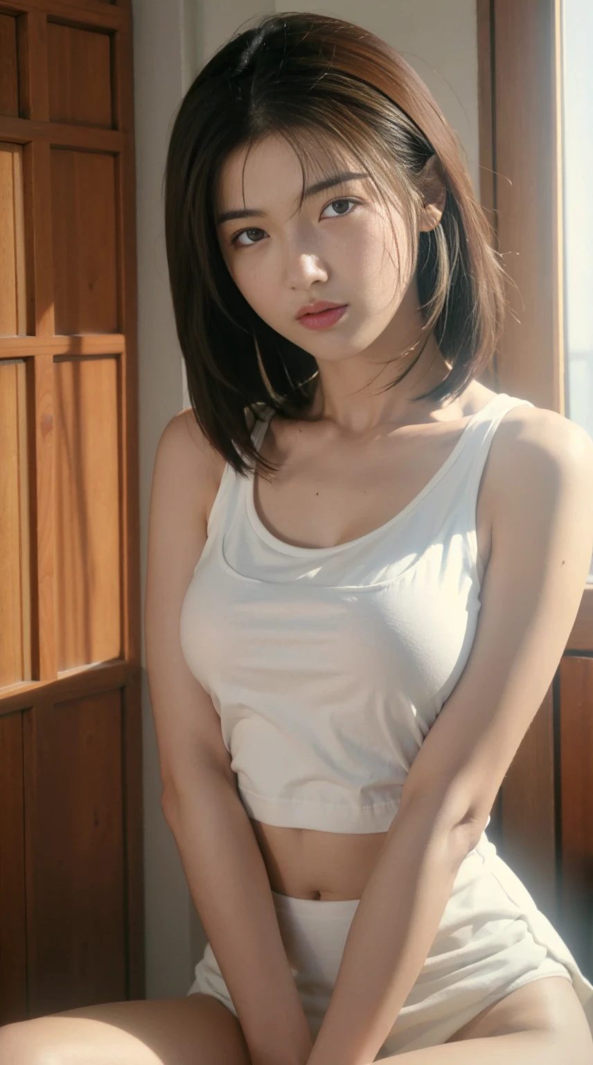 ((Best quality, 8k, Masterpiece: 1.3, raw photo)), Sharp focus: 1.2, 1 aespa girl, (realistic, photo-realistic:1.37), face focus, cute face, small breasts, flat chest, messy short hair, standing, look back, (white camisole: 1.2), skirt, hotel, sunlight, cinematic lighting, from below