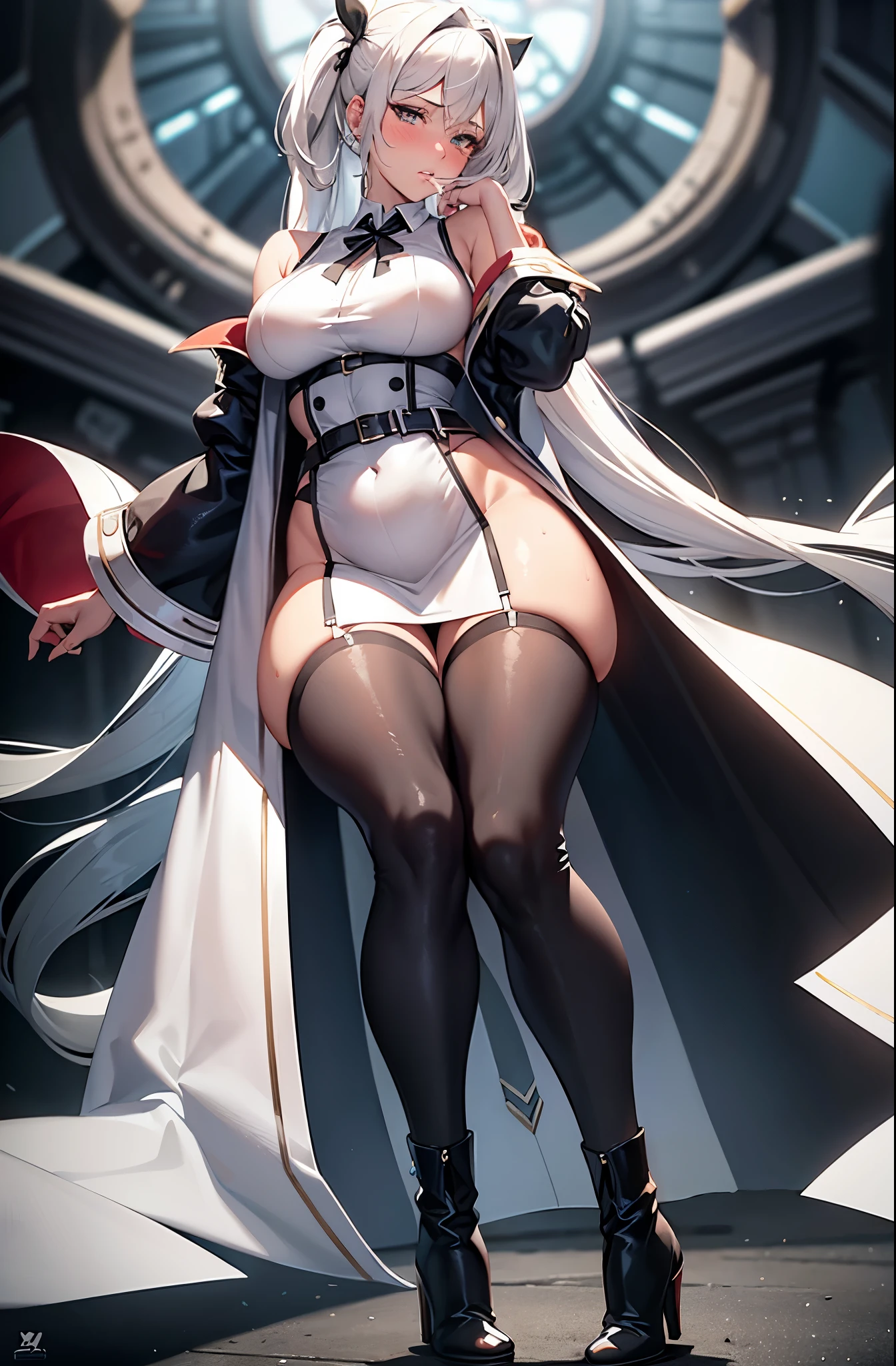 ((masterpiece, best_quality)), (photorealistic:1.4), solo, 1 girl, white_background, white_hair, long_hair, zettai_ryouiki,(black big ribbon accessories at the back of head), (sleeves rolled), toggle button pin buckle, mini pleated skirt with a slit in the front), outline ?????? can be seen through the clothes, ?????? bulge, heels boots, belly, ?????? gap, cameltoe ,shiny skin, sweaty skin, nose blush, belt underboob, under , long legs, small thigh, plump , peach 🍑, nsfw,