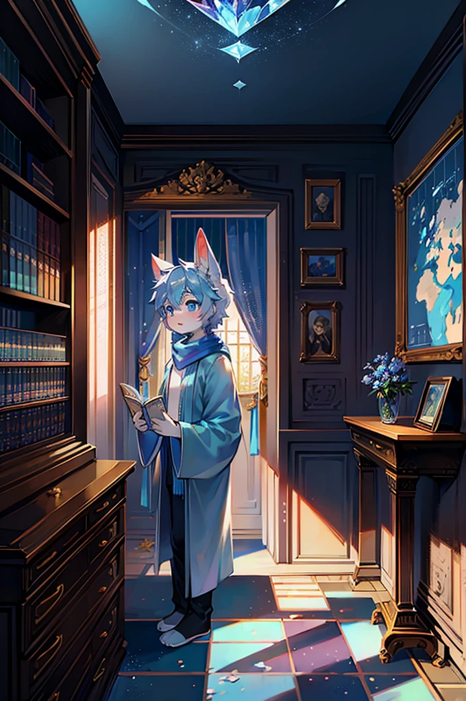 A white rabbit,Shota,blue robe,snow,clear blue sky,long bunny ears,Crystal pupils,Long blue scarf,Gorgeous background,gorgeous robe,look out the window,Sunlight,Gift box,cool color,The map hangs on the wall,bookcase,Holding a letter in his hand,Reading a letter,Sky blue walls,Sky blue wallpaper,Handsome and handsome,world map