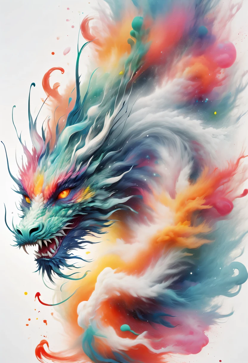 scribble art,ink splatter,Wild,splash ink painting,Abstraction,rich and colorful,Vague dreams,Dynamic energy,publish creation,visual impact,modern aesthetic,Elegant and simple,Contemporary interpretation,be bold,White background,lots of white space,masterpiece, Best quality surreal mixed fantasy,(1 Oriental Dragon:1.3) Behind an Asian woman holding a glowing sword,