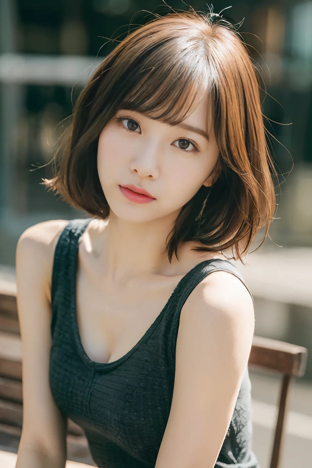 masterpiece,small bust, realistic,detailed eyes and lips, short hair, delicate features, soft and innocent look, wearing a tank top, bask in the warm sunshine, Enjoy the breeze,、An ennui look、rosy cheeks、 thighs thighs、city、