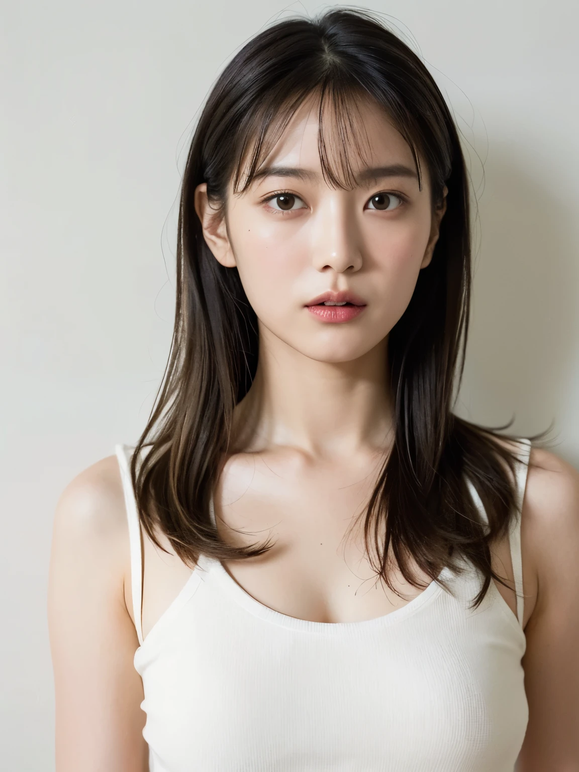 See-through tops、巨乳、キャミソール、くびれ、腹筋、さらさらな髪の毛、(背景にwhite wall、Part of her hair is Yellow:1.4)、white wall、Taken in front of the white door、(窓のあるwhite wallの部屋)、((highest quality、8K、masterpiece:1.3))、ultra high resolution、(photorealistic:1.4)、raw photos、Japanese,(details face)、real、Shot in natural light、Highly detailed face and skin texture、highly detailed lips、correct state of the human body、medium hair、black hair、various poses、natural color lip