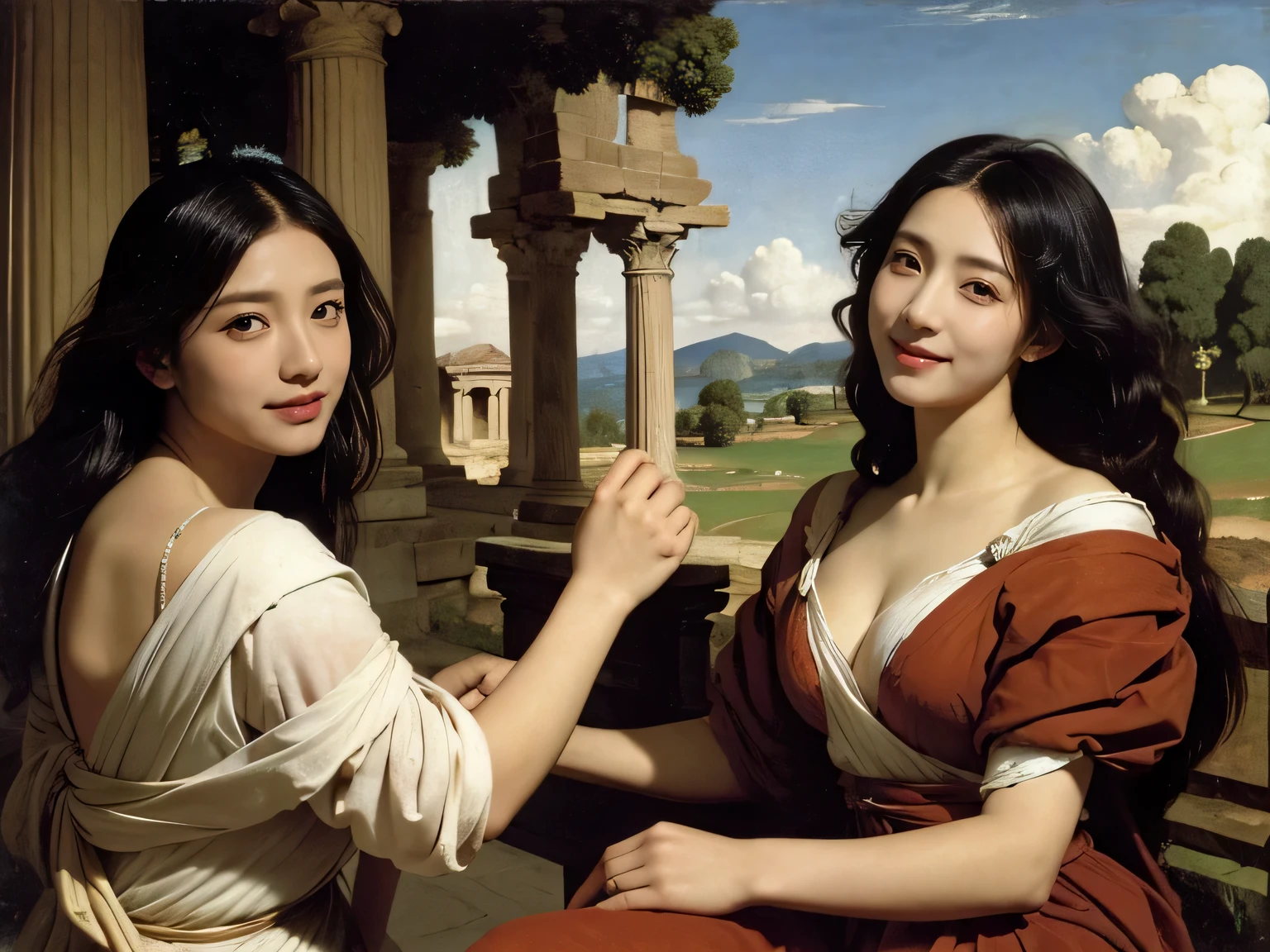Ancient Roman ruins,Poussin-style landscape,A smile,,Sweet and seductive appearance.、Caravaggio's paintings、Chiaroscuro of Caravaggio、Hair disheveled in the wind,Two women frolicking,Cute smile, Expression of ecstasy,A sexy,Erotic