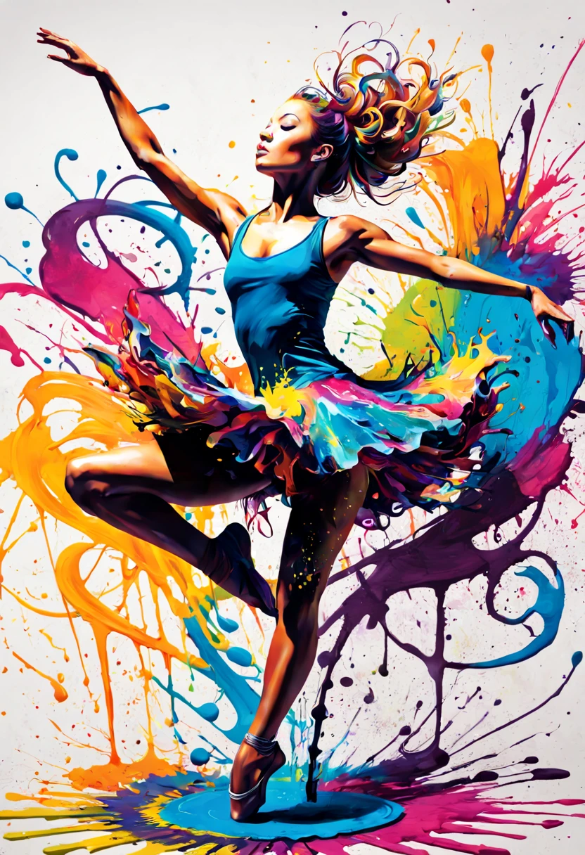 A vibrant, abstract ink splatter painting of a dancer in mid-air, surrounded by a swirl of musical notes. 8K, hyper detailed. graffiti art, splash art, street art, spray paint, oil gouache melting, acrylic, high contrast, colorful polychromatic, ultra detailed, ultra quality, CGSociety