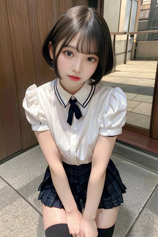 highest quality、masterpiece、thin、Not big breasts、bob cut、highly detailed face、fine eyes、double eyelid、face like an idol、beautiful face、cute、Japanese、beautiful girl、collared shirt、pleated skirt、knee high socks、Absolute area、baby face