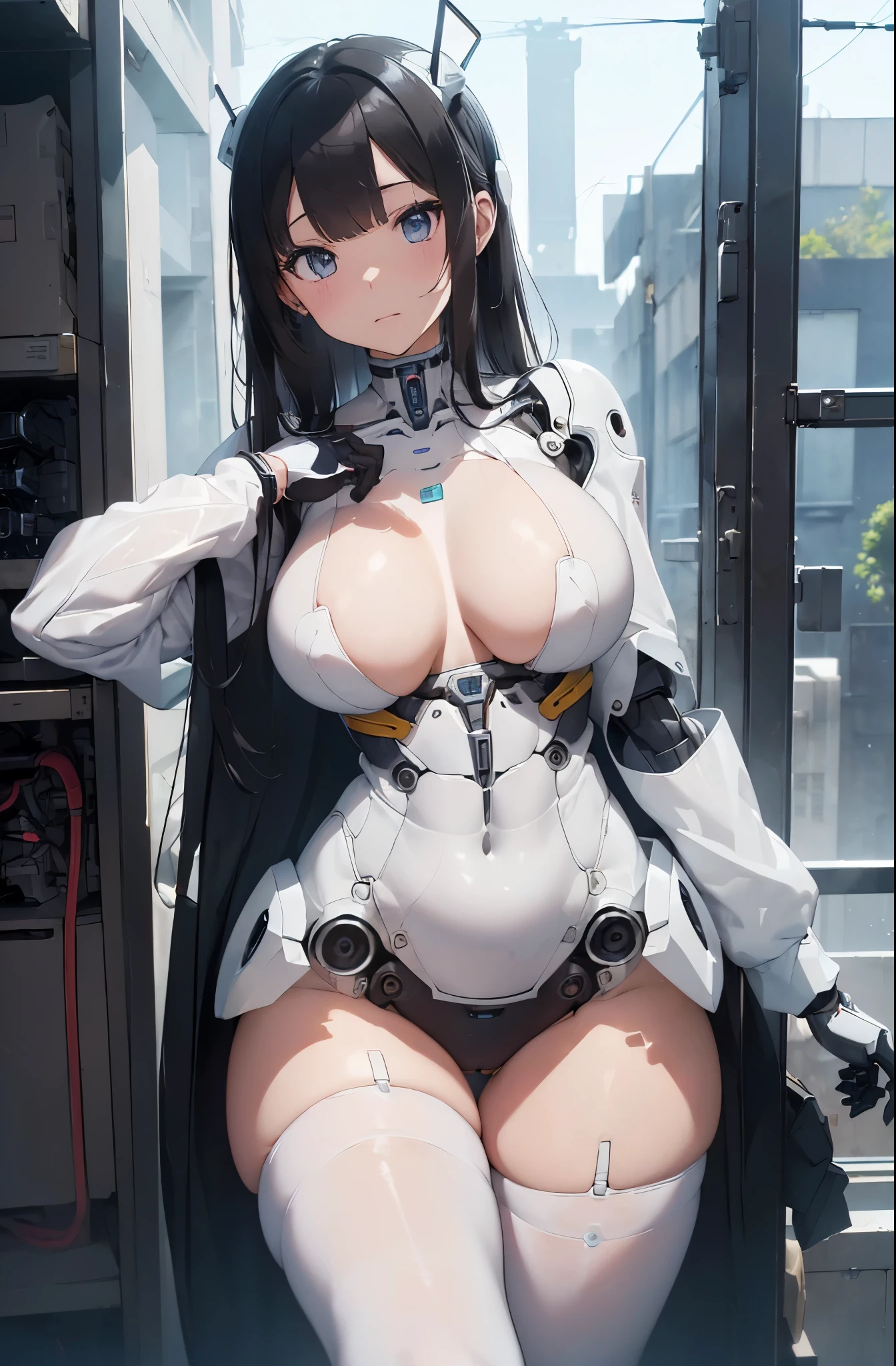 masterpiece, best quality, extremely detailed, (8K, 4K, Best Quality, 8k portrait, Japaese android Girl,Plump , announcer,control panels,android,Droid,Mechanical Hand, Robot arms and legs, Black Robot Parts,Black hair,Mechanical body,Blunt bangs,perfect mechanical abdomen,White robotics parts,perfect robot woman,future laboratory,cyber pank,charging spot,laboratory,long tube,thick cable connected her neck,ceramic body ,perfect mechanical body, white robot body,mechanical ear cover,android,robot humanoid,black sponge joints,The removable cover is in the groin,The connection port is in the groin,opened chest panel,access panel on the chest,opened breast panel,perfect mechanical breast,white machine body,white robot body,white ceramic breast,perfect plastic breast,She has repaired,assembly plant,miniskirt,pantsuit,business suits,beige pantyhose,flesh color stockings,perfect cyborg girl,